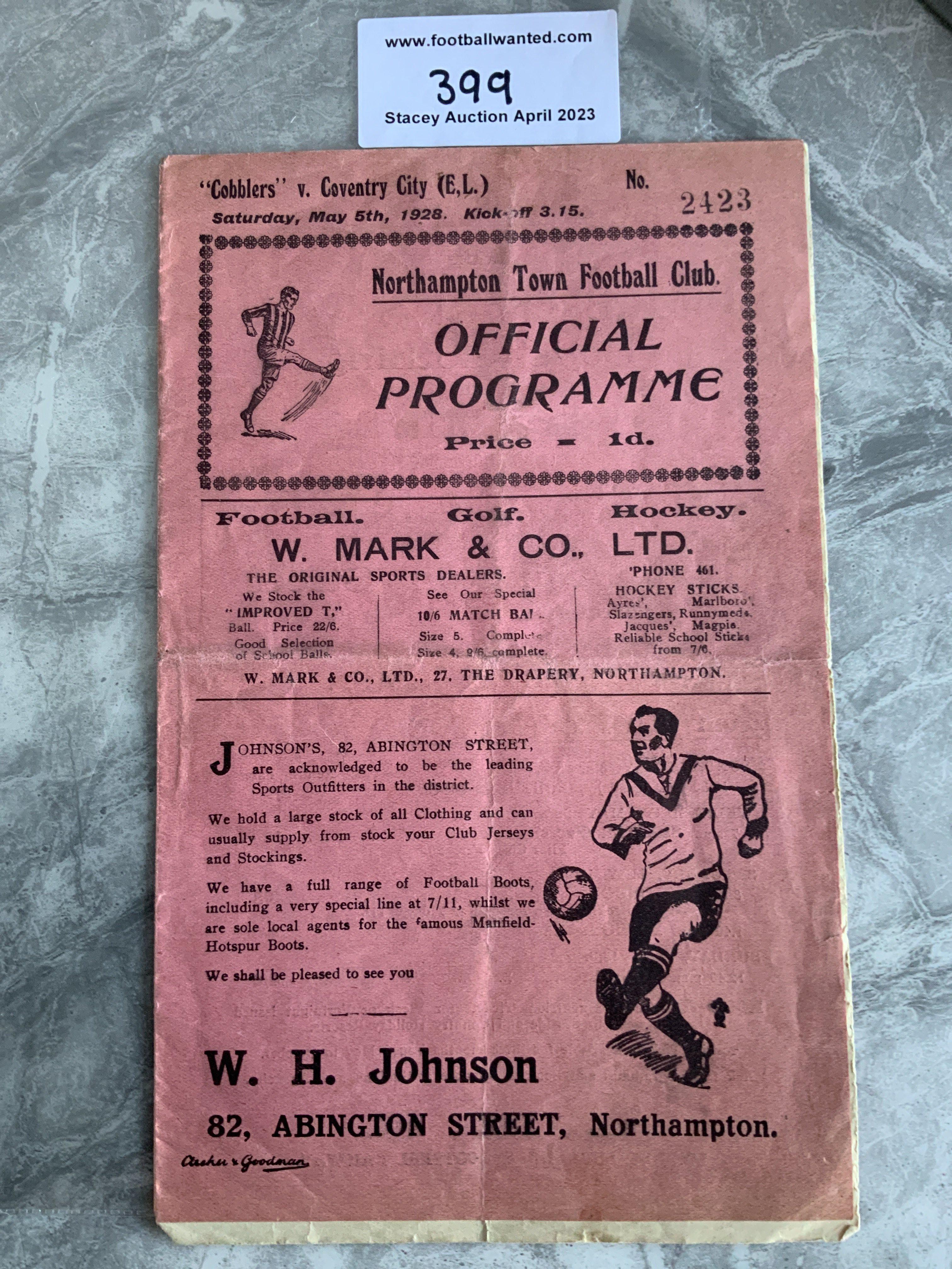 1927 - 1928 Northampton Town v Coventry City Football Programme: Fair/good condition with no team changes. Fold. Please note this 8 pager was attached with a small bit of glue instead of a staple. (see online pictures)