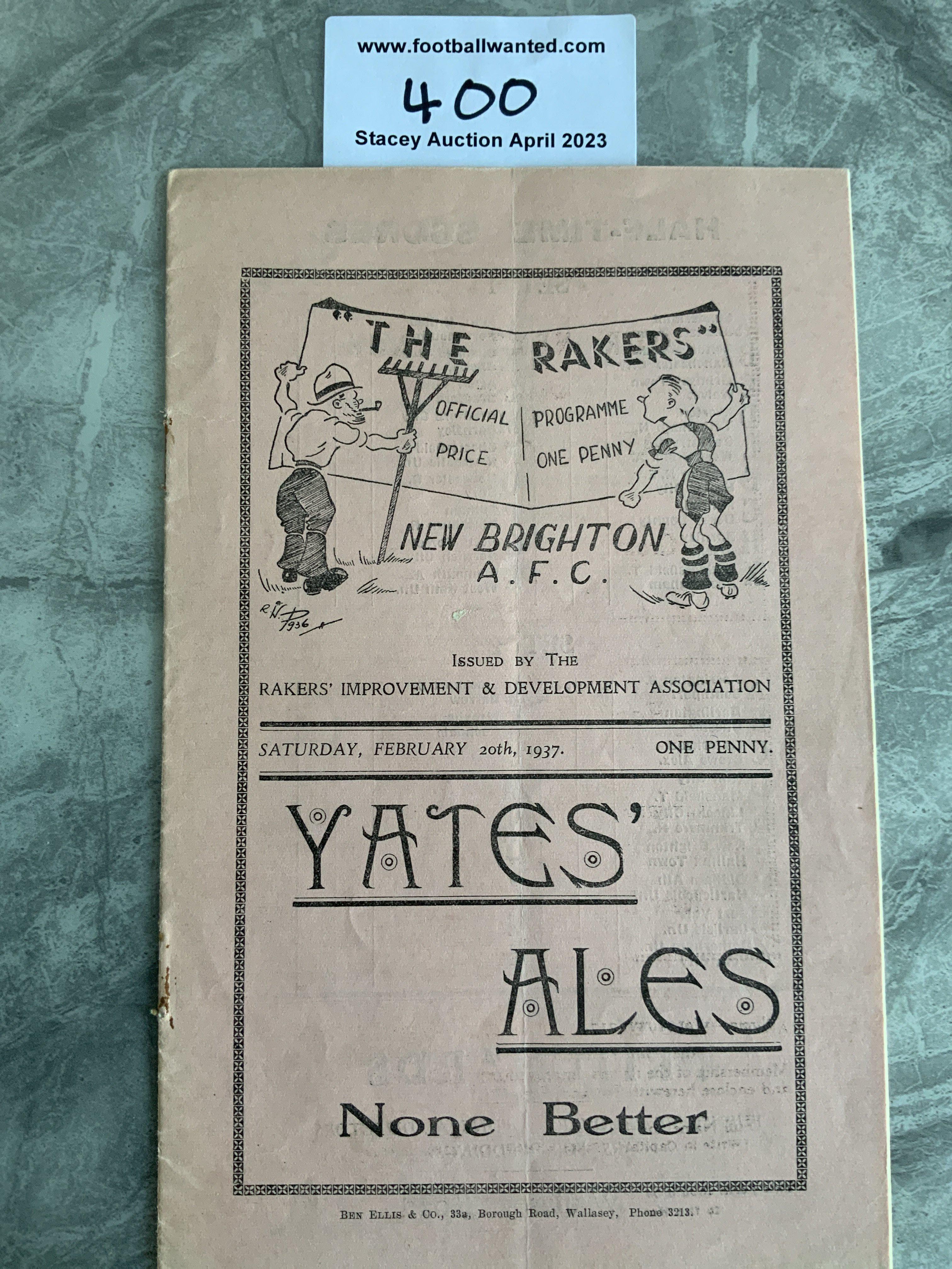 1936 - 1937 New Brighton v Halifax Town Football Programme: Good condition with no team changes. Score, scorers and attendance written inside. Light fold. Rusty staples removed not rotted away.
