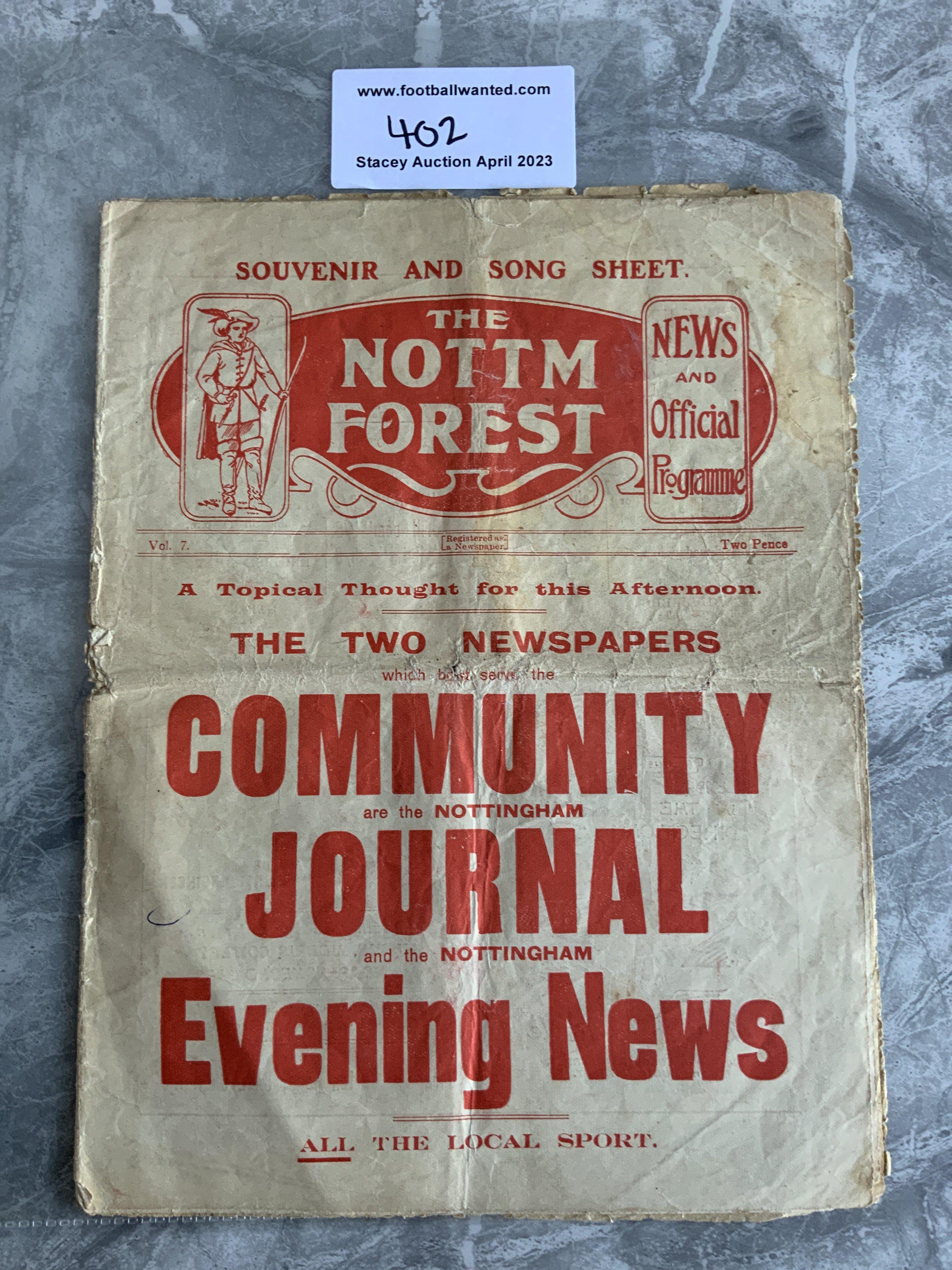 1926 - 1927 Nottingham Forest v Notts County Football Programme: Fair condition with no team changes. Tatty edges folding and a hole where staple was.