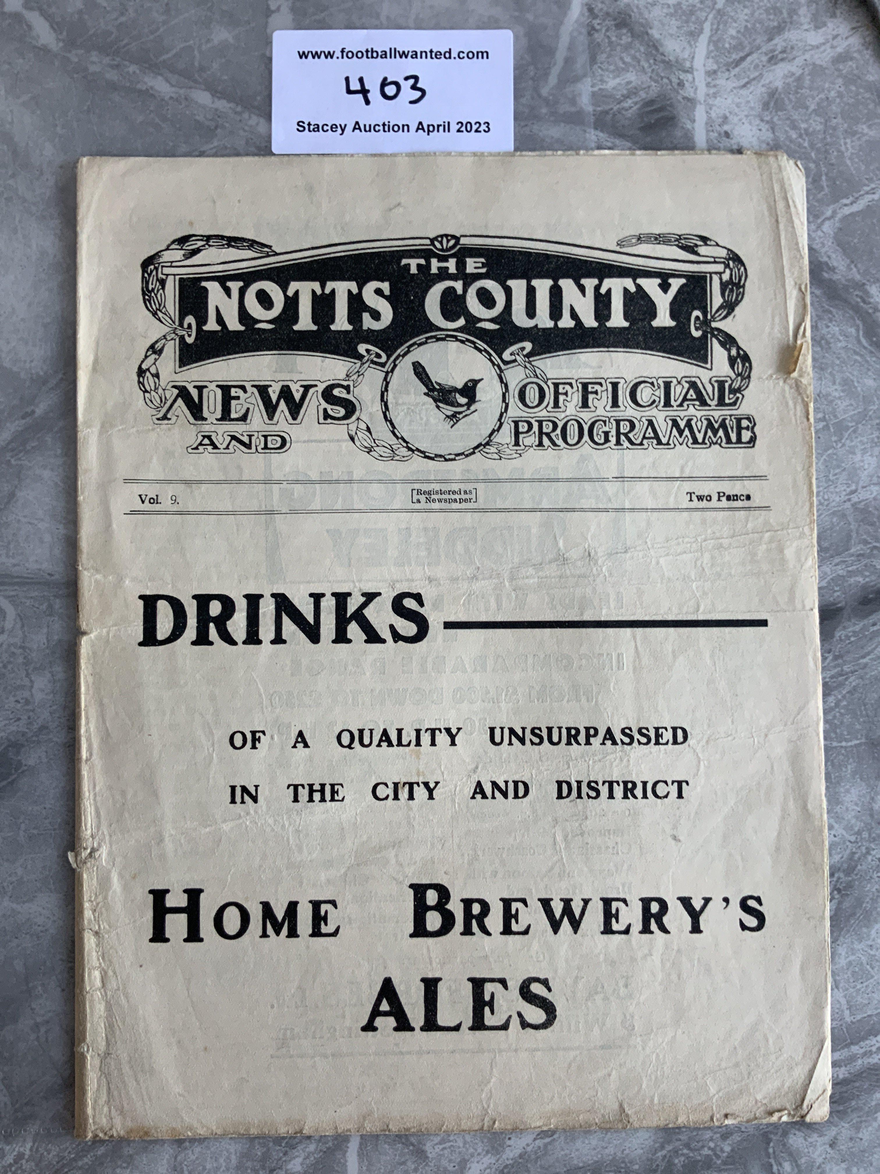 1928 - 1929 Notts County v Nottingham Forest Football Programme: Fair condition with no team changes. Fold and a bit of wear to edges. Tiny nick out of two back page corners.