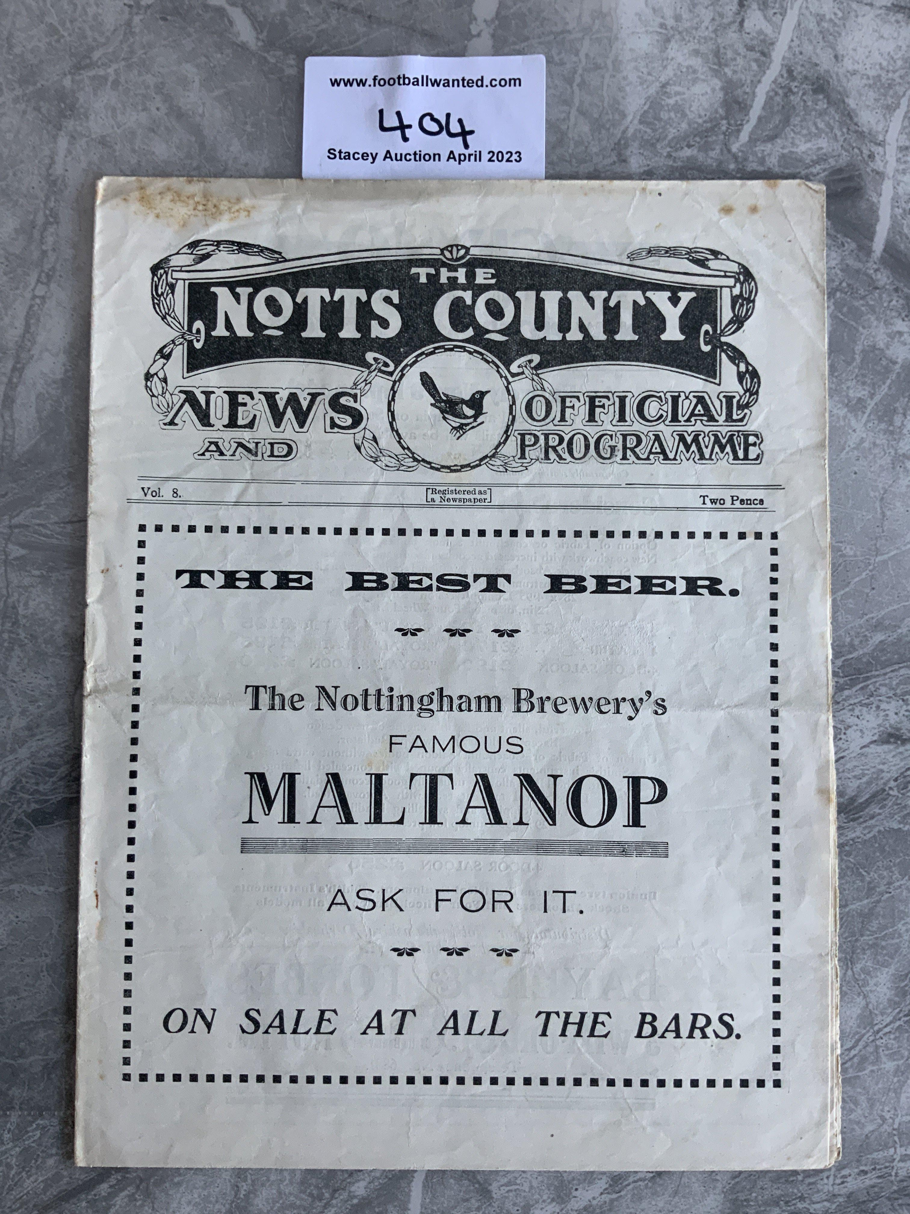1927 - 1928 Notts County v Sheffield United Football Programme: Fair/good condition with no team changes but score and message. Light creasing and light marks.