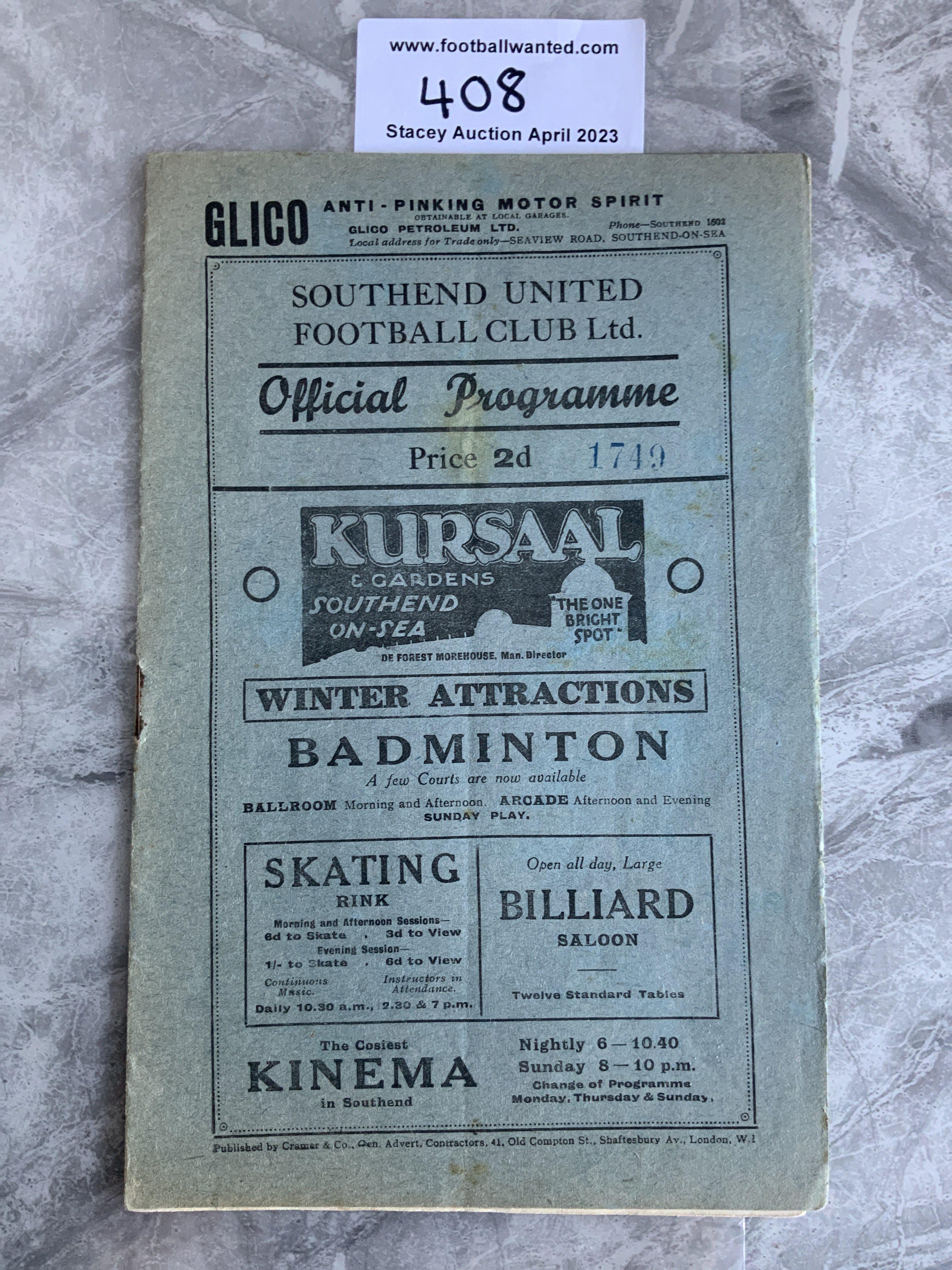 1928 - 1929 Southend United v Watford Football Programme: Good condition with no team changes. Light fold.