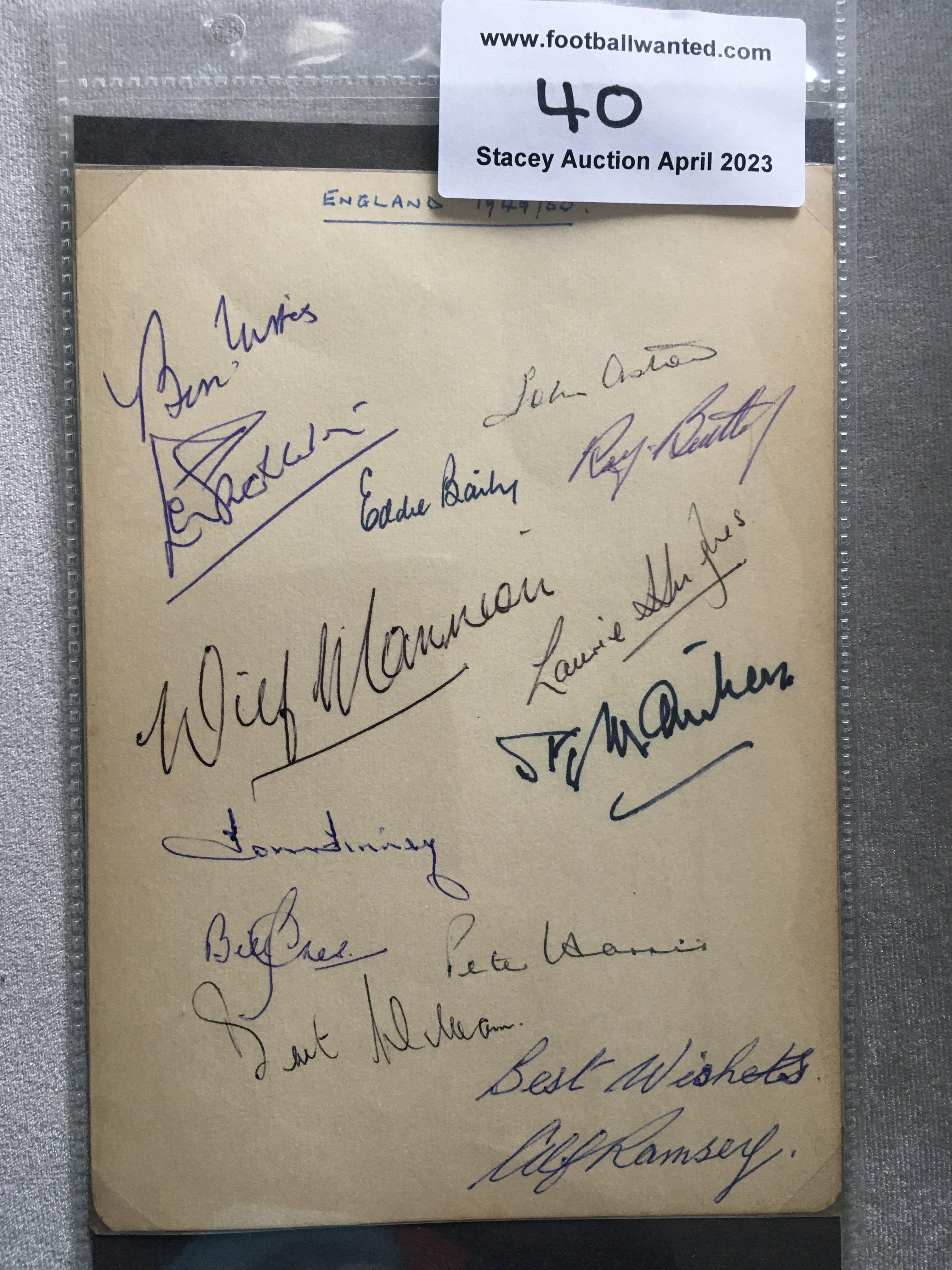 49/50 England Football Autographs: Large cream card headed England 49/50 hand signed without out dedication by 12 players including Ramsey, Finney, Matthews, Mannion, Baily, Aston and Shackleton.