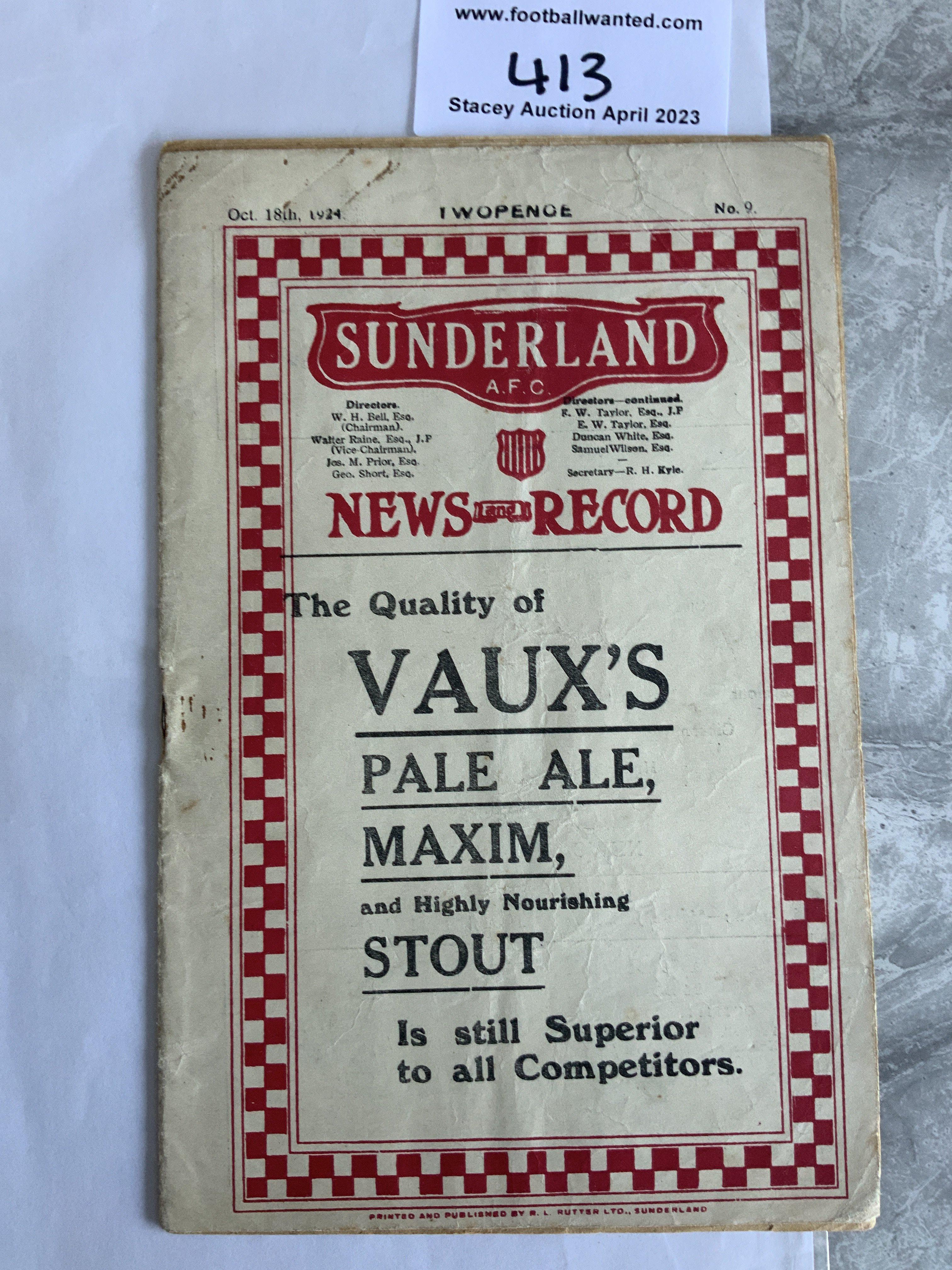 1924 - 1925 Sunderland v Newcastle United Football Programme: Good condition with no team changes.