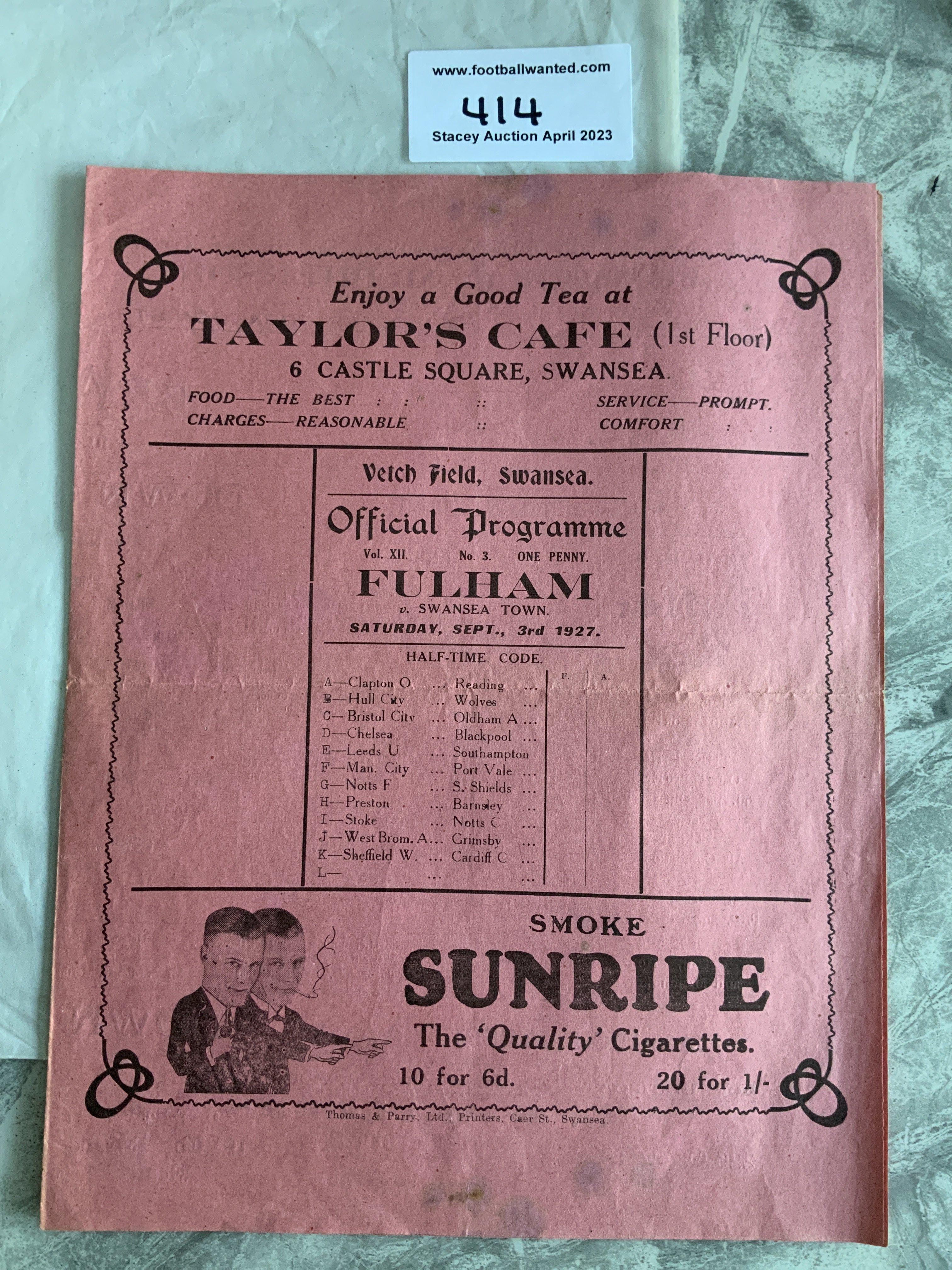 1927 - 1928 Swansea Town v Fulham Football Programme: Very good condition with no team changes. Very large 4 page pink programme which has a fold and will be sent folded.