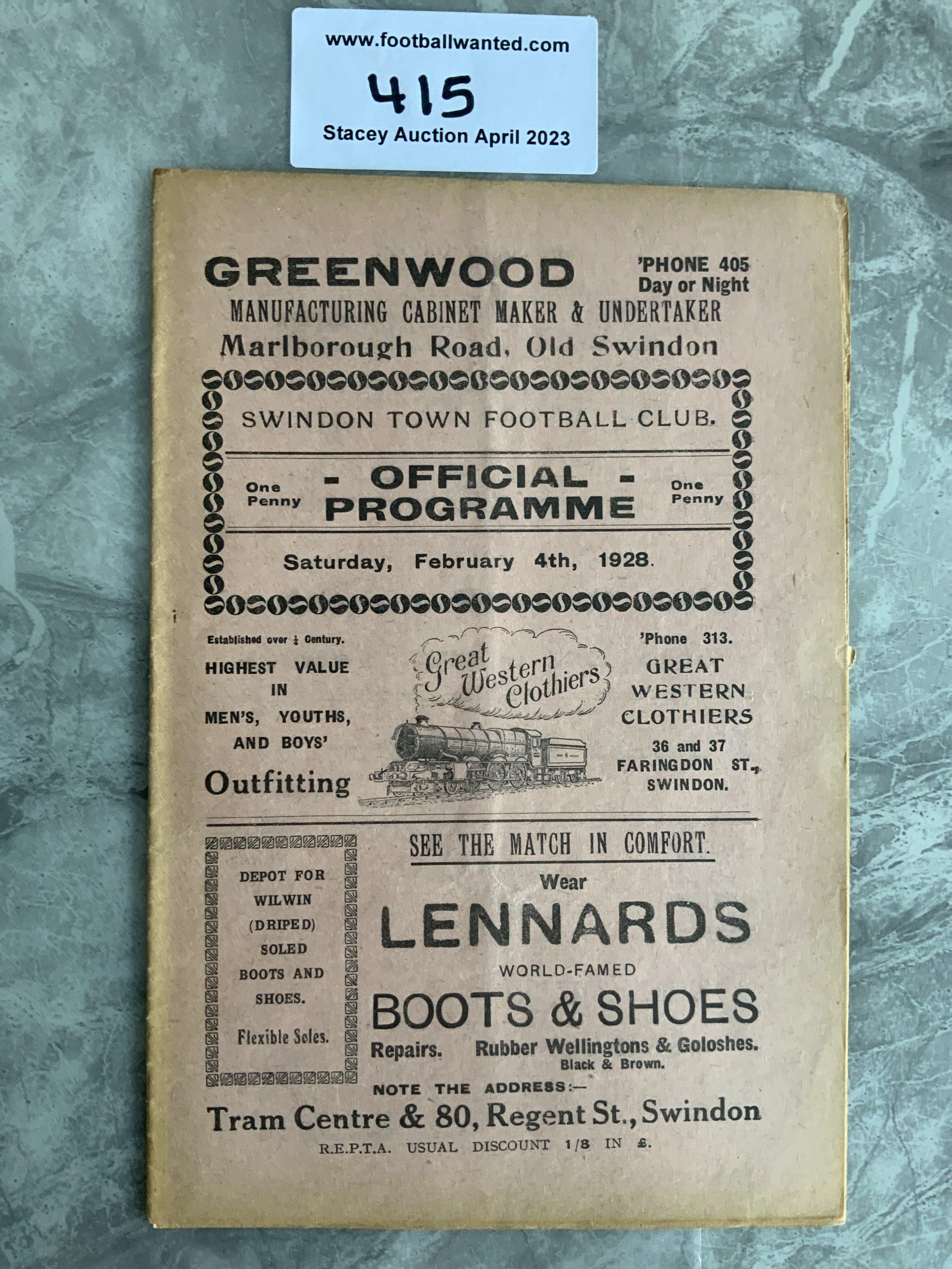 1927 - 1928 SwIndon Town v Bristol Rovers United Football Programme: Excellent condition with no team changes.