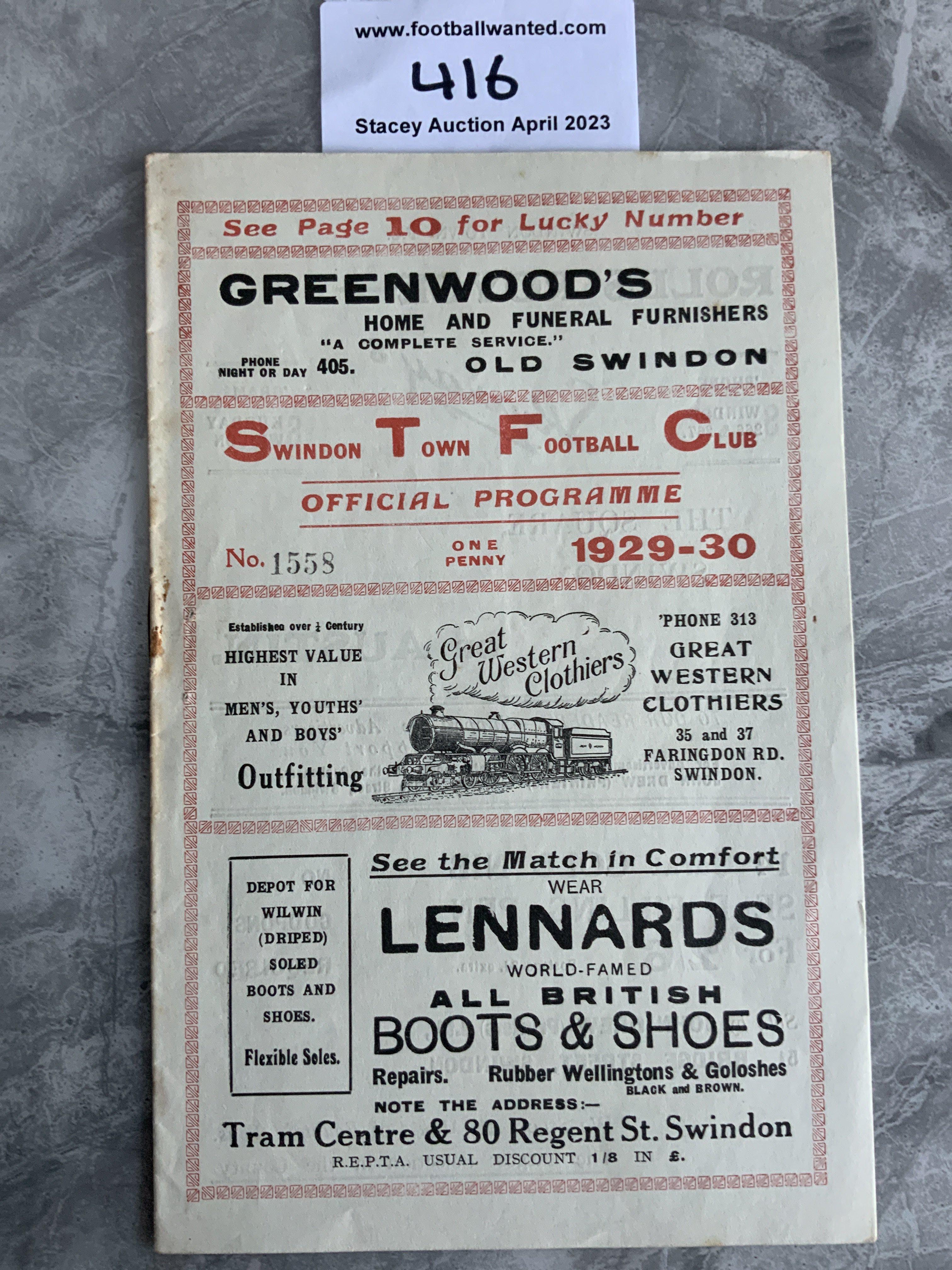1929 - 1930 SwIndon Town v Torquay United Football Programme: Excellent condition with no team changes.