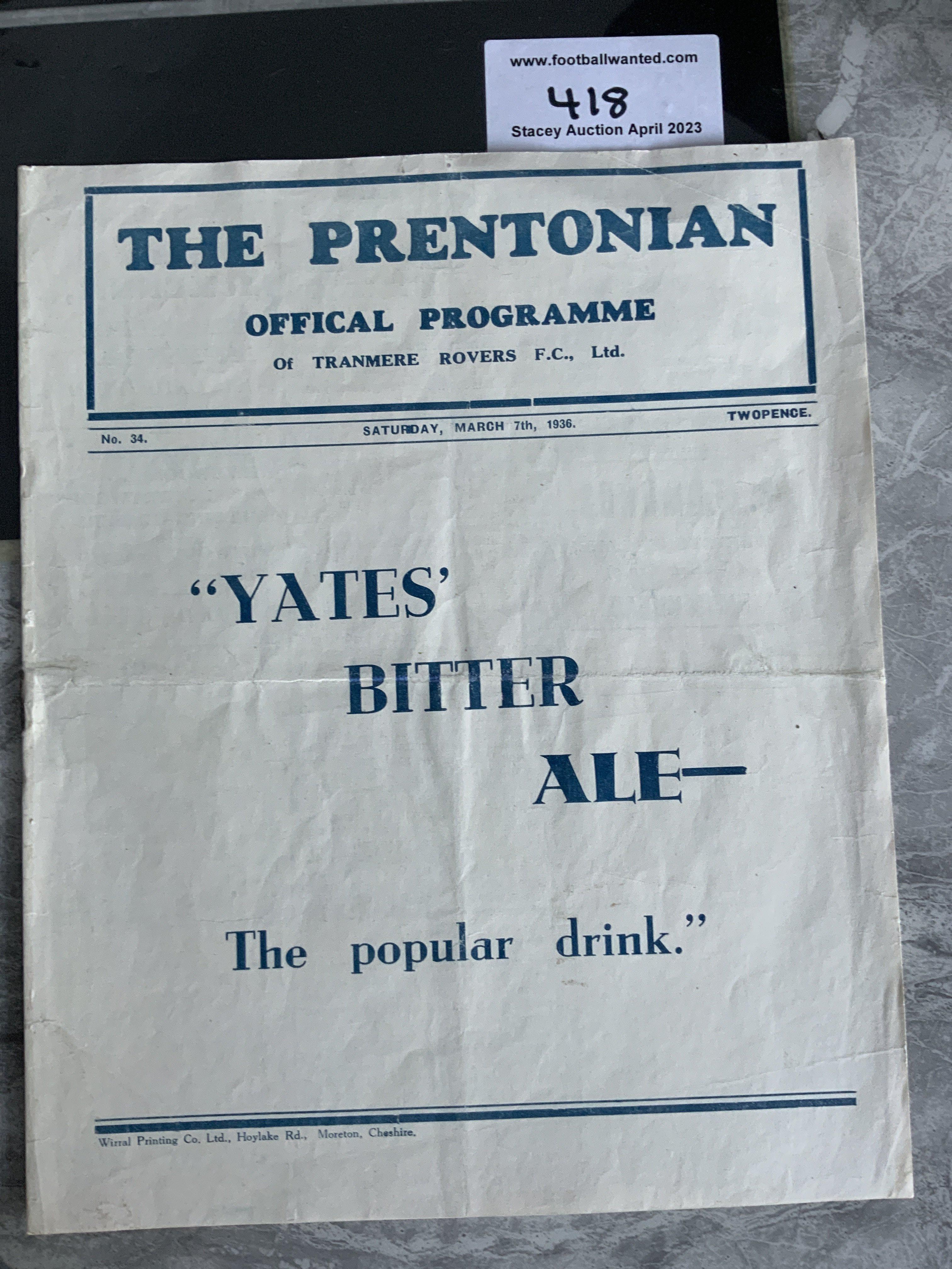 1935 - 1936 Tranmere Rovers v Crewe Alexandra Football Programme: Excellent condition with no team changes. Light folding. Very large scale programme.
