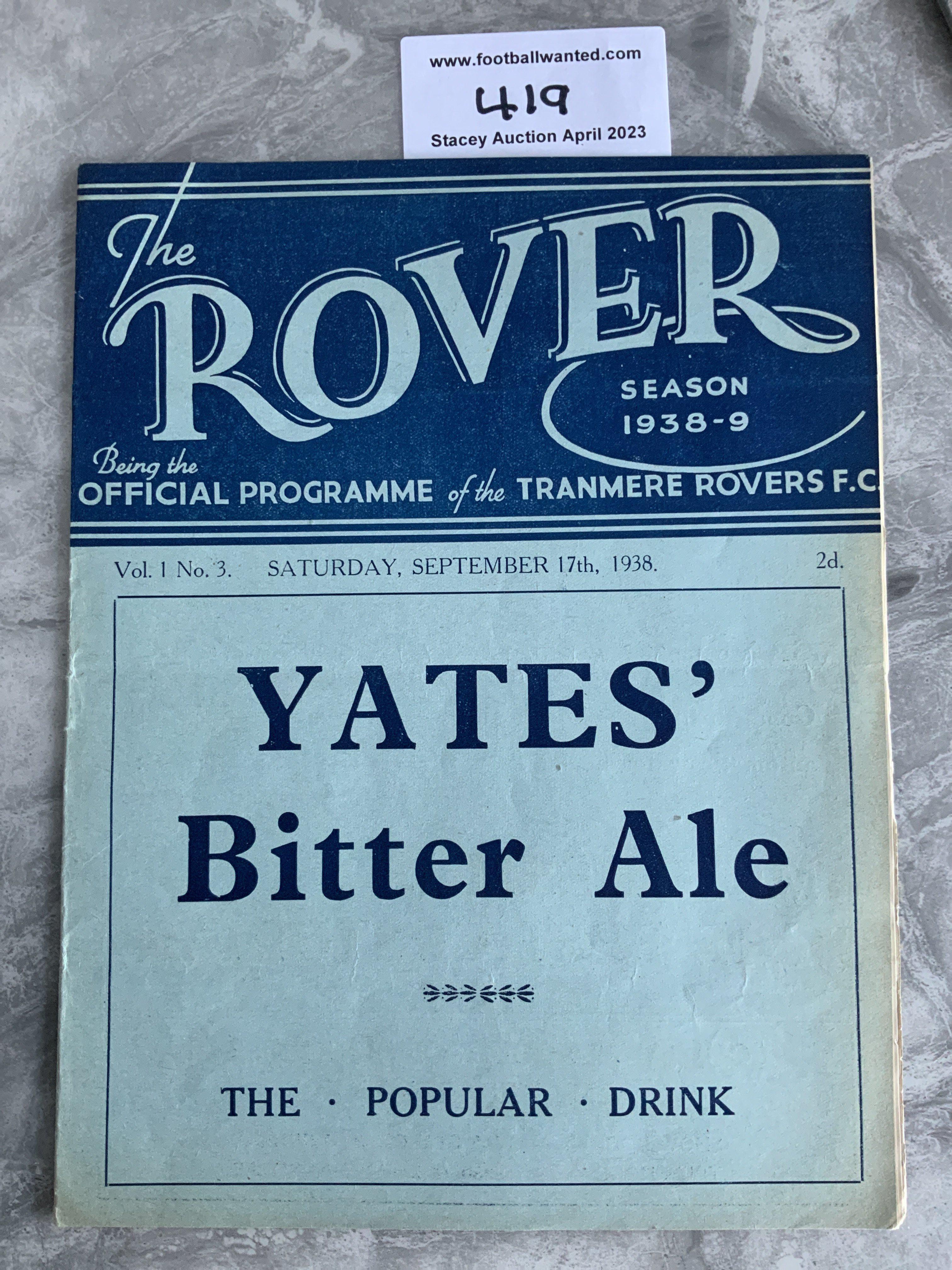 1938 - 1939 Tranmere Rovers v Bury Football Programme: Excellent condition with no team changes.