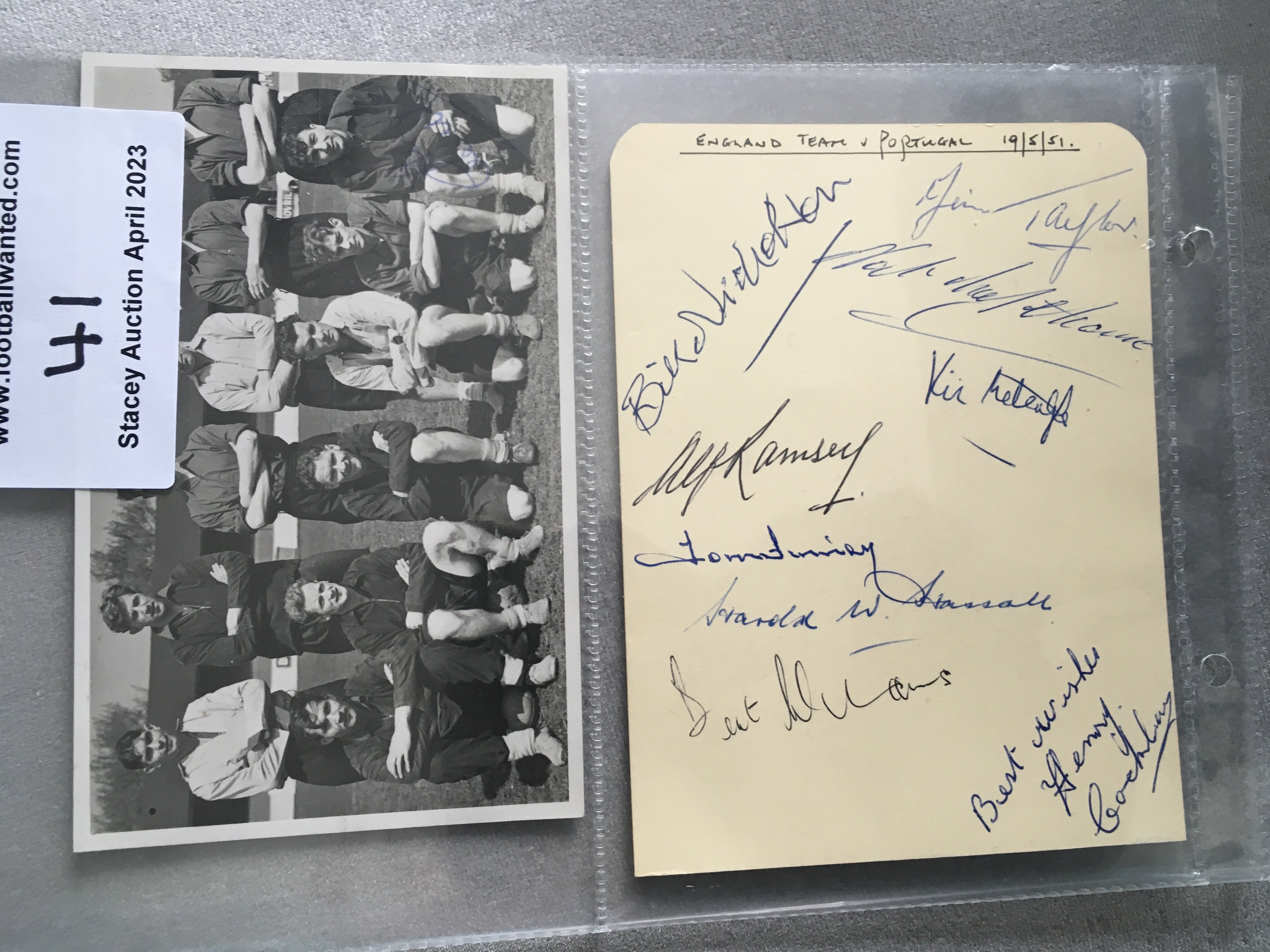 1951 England Football Team Autographs: Cream card headed 1951 England v Portugal with 9 autographs including Ramsey, Nicholson, Williams, Metcalfe, Lofthouse and Finney. C/W postcard size press photo with press stamp of the team signed to rear by Finney.