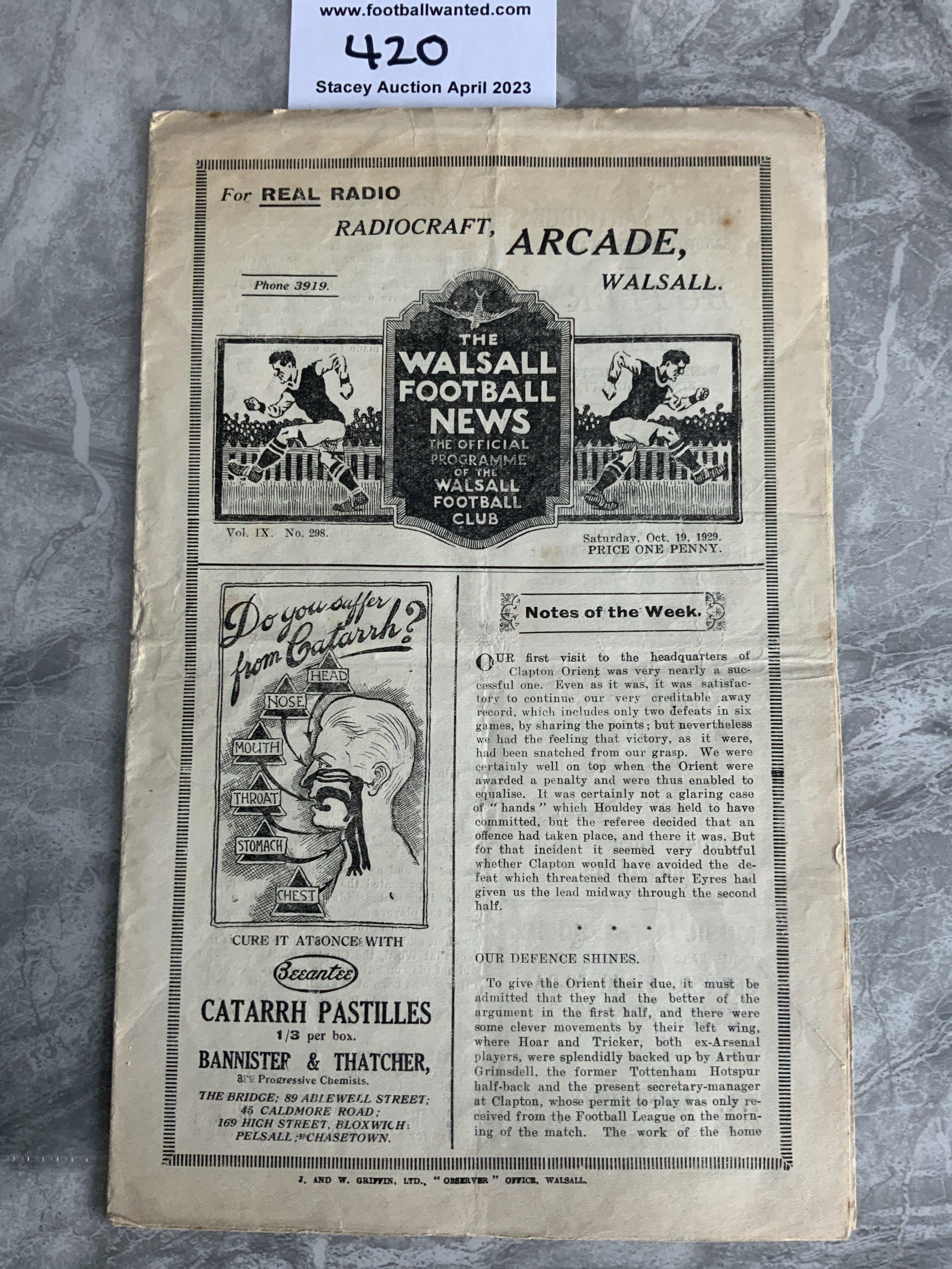 1929 - 1930 Walsall v Coventry City Football Programme: Good condition with no team changes. Light folding and staple removed not rotted away.