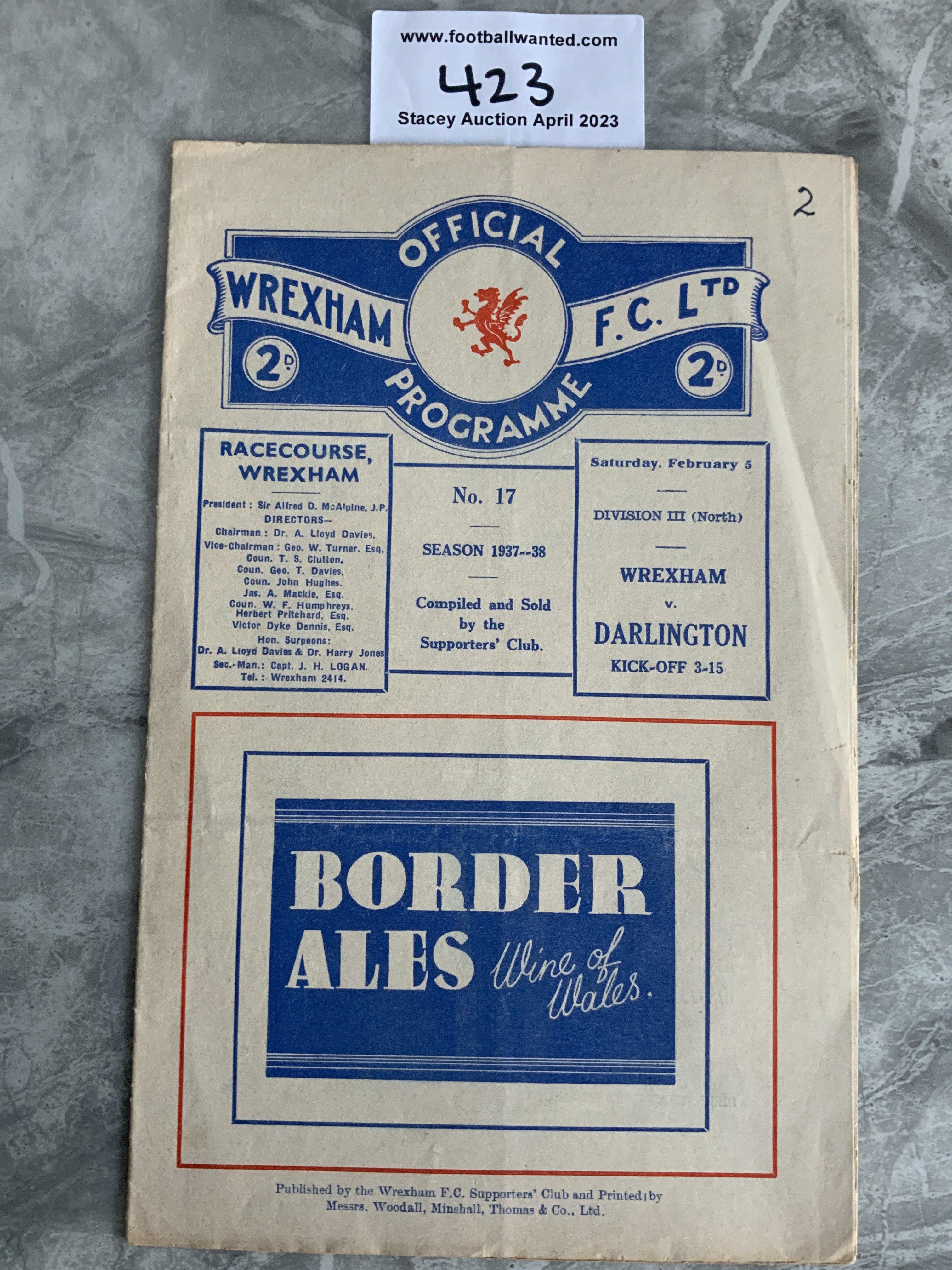 1937 - 1938 Wrexham v Darlington Football Programme: Very good condition with no team changes. The number 2 written to border of cover.