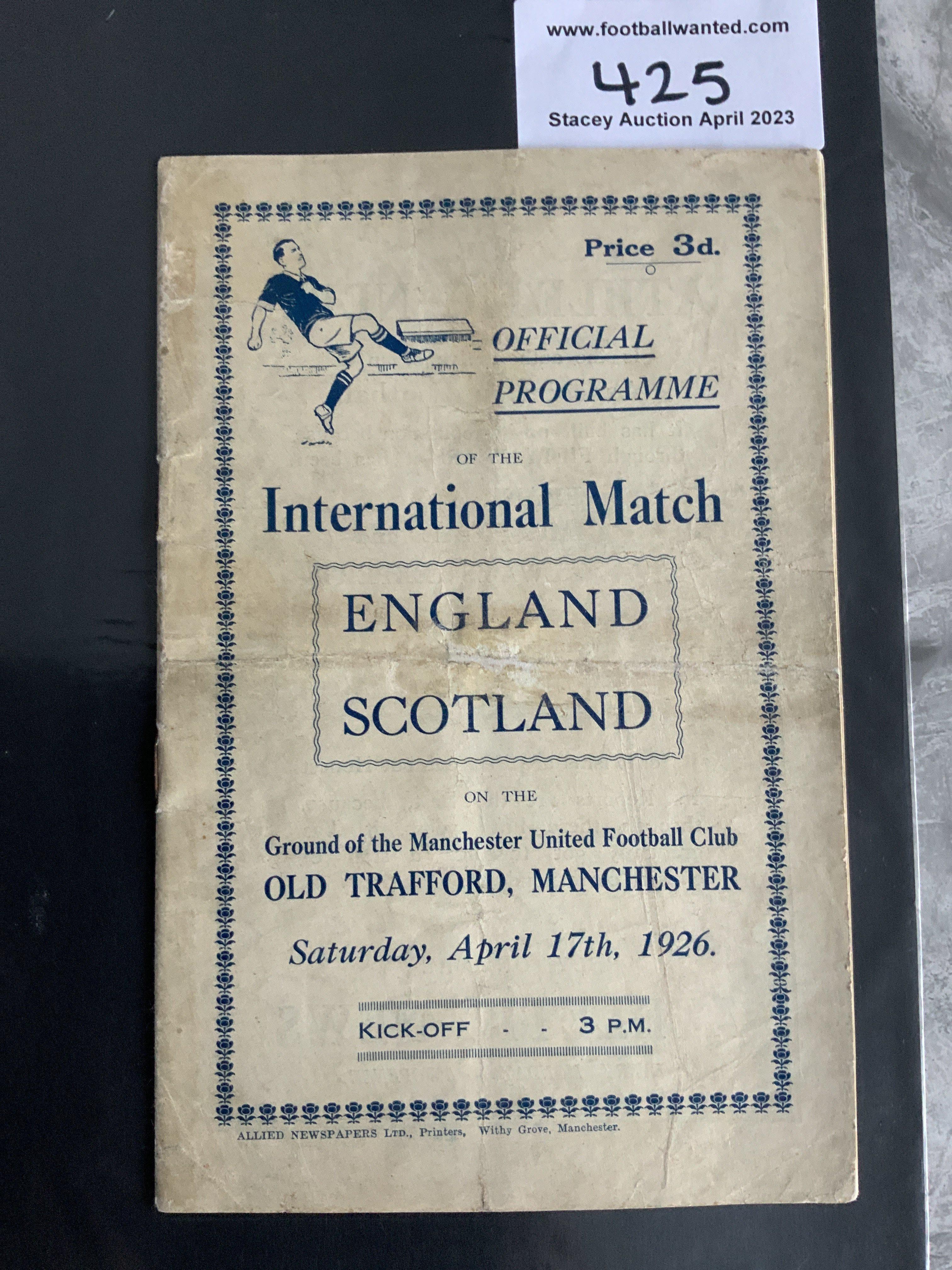 1926 England v Scotland Football Programme: Played at Manchester United. Fair/good condition after extensive professional repair. No team changes. Please note there are 2 official versions of this programme. One focusing on Manchester United and this one which features more about the teams playing.