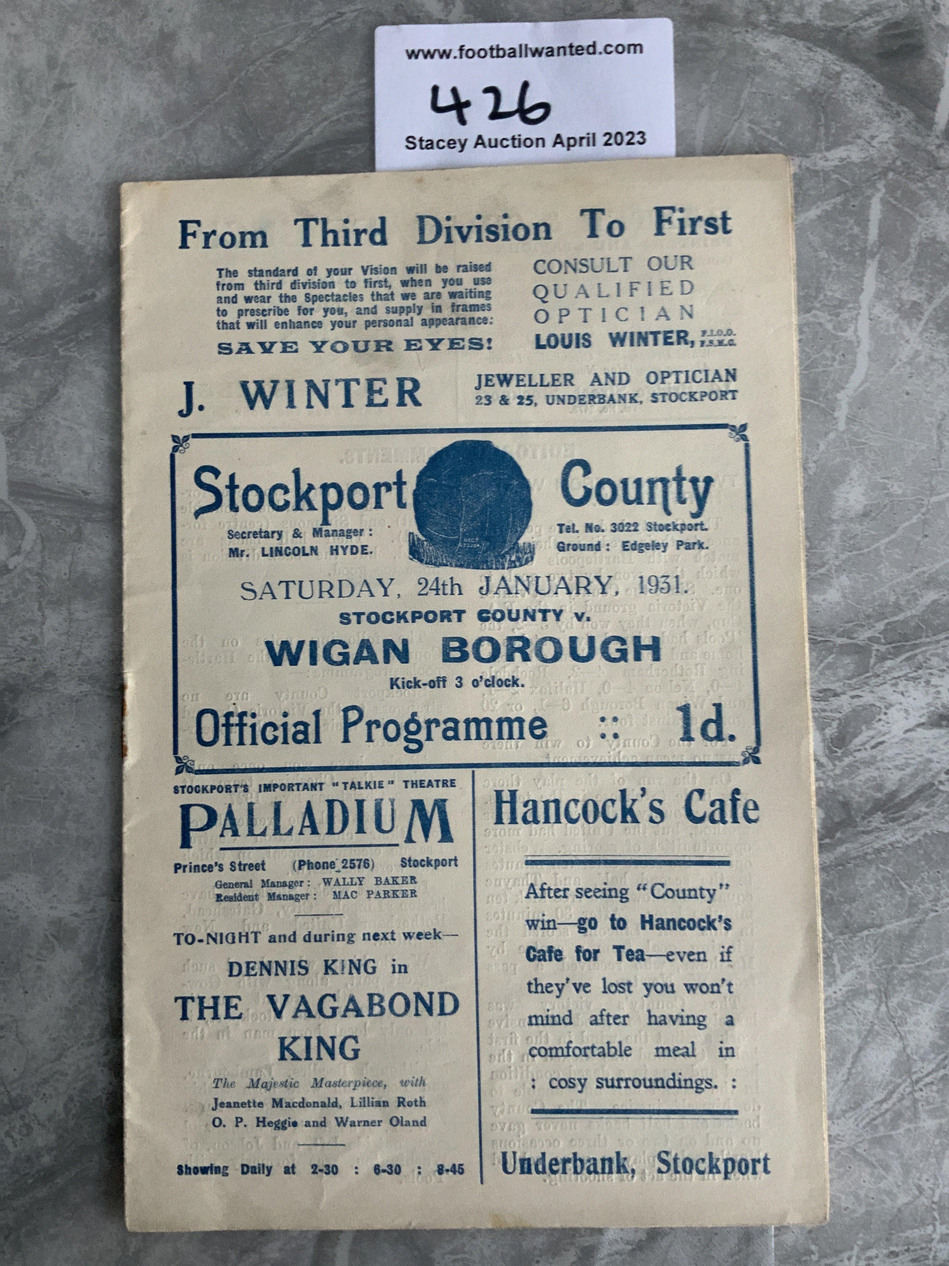 1930 - 1931 Stockport County v Wigan Borough Football Programme: Excellent condition with no team changes. Rusty staple holding firm.