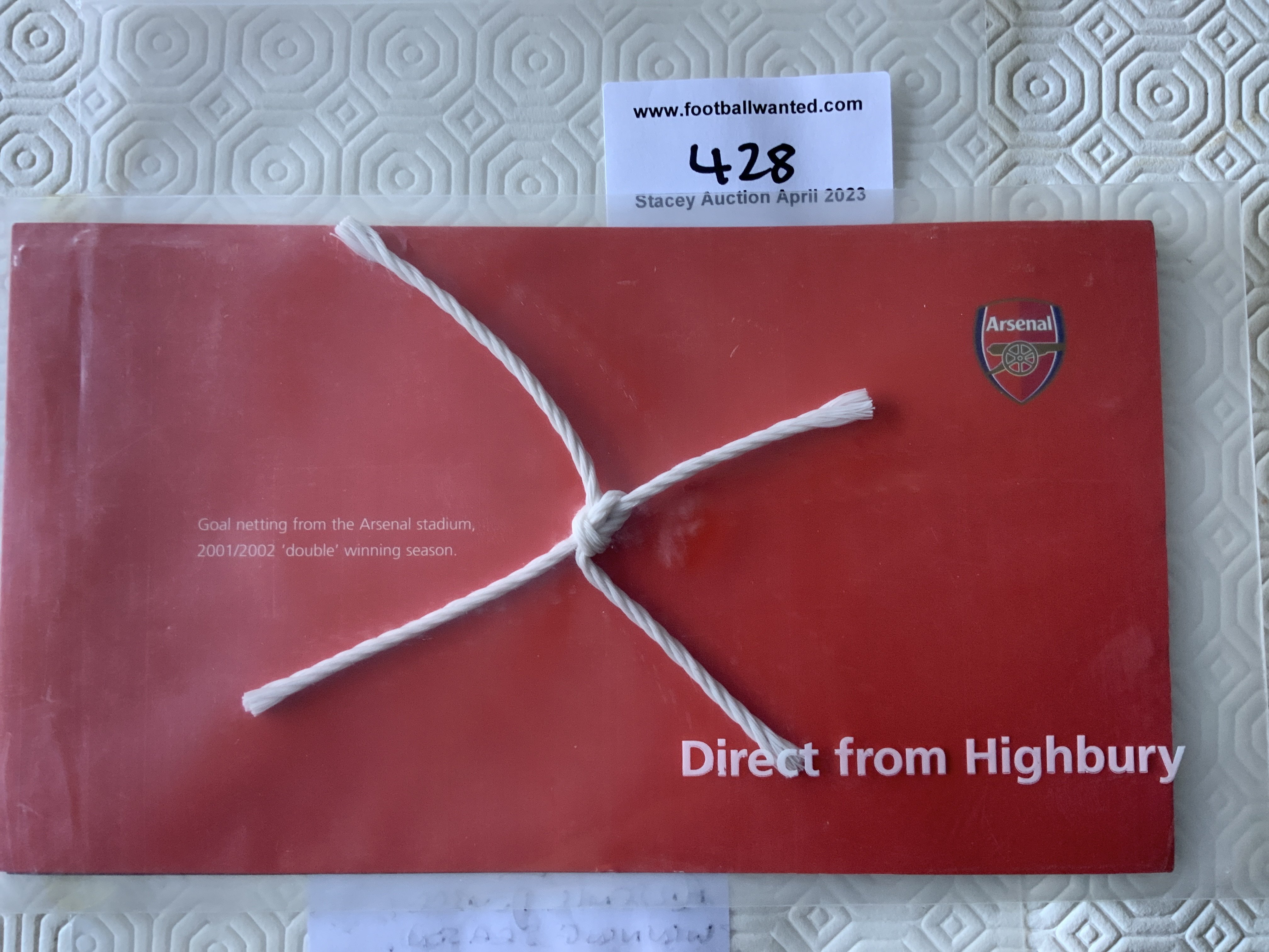 Arsenal 2001 - 2002 Football Goal Netting: Plastic envelope states Direct From Highbury goal netting from the Arsenal Stadium in 2001/2002 Double Winning Season. Comes from Arsenal sponsors 02.