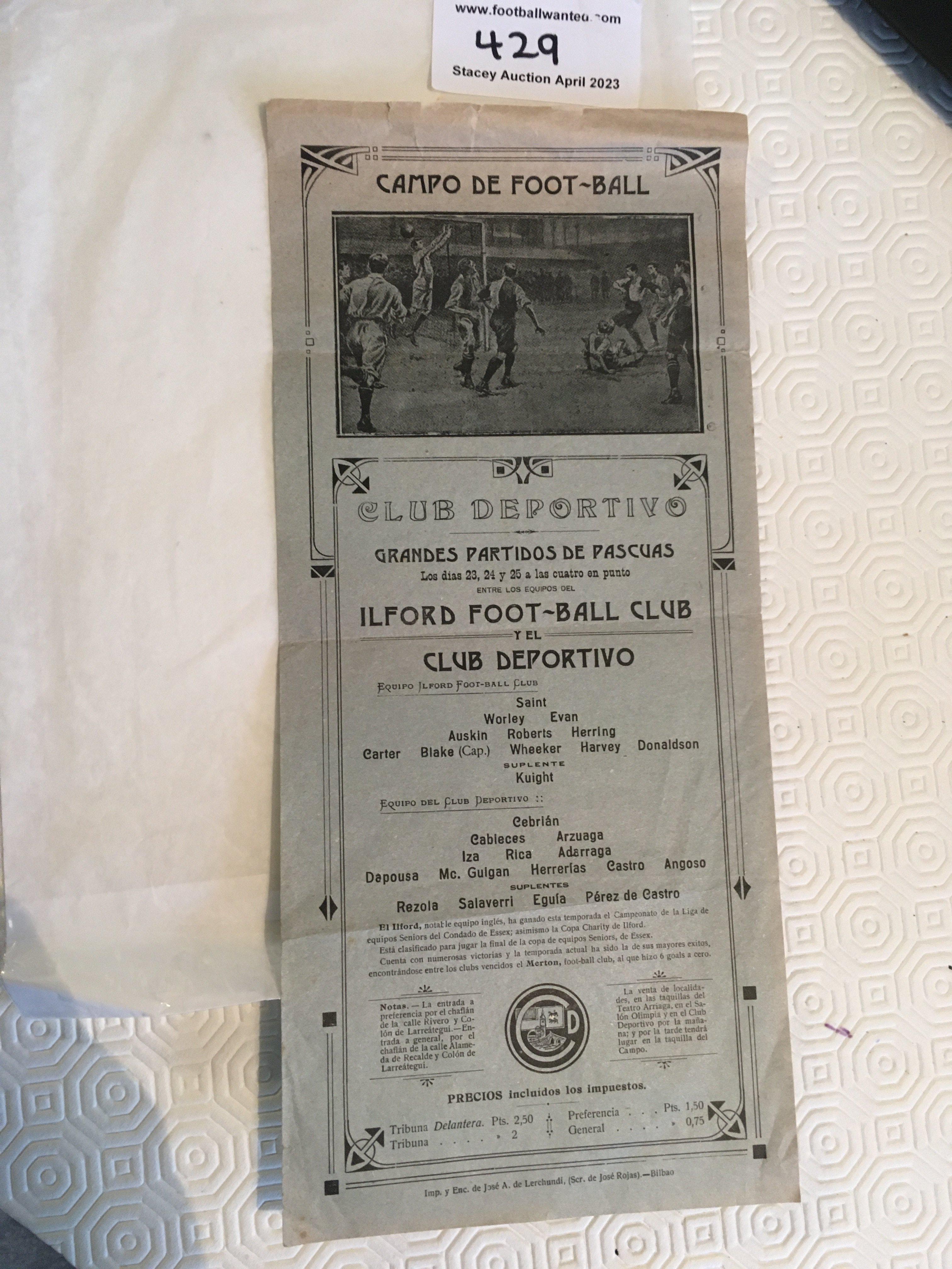 1913 Deportivo v Ilford Football Programme: Long single sheet with no team changes. At the top it depicts a goalmouth scene. Rare item from this pre First World War Ilford tour. Good with a few tiny tears at the top.