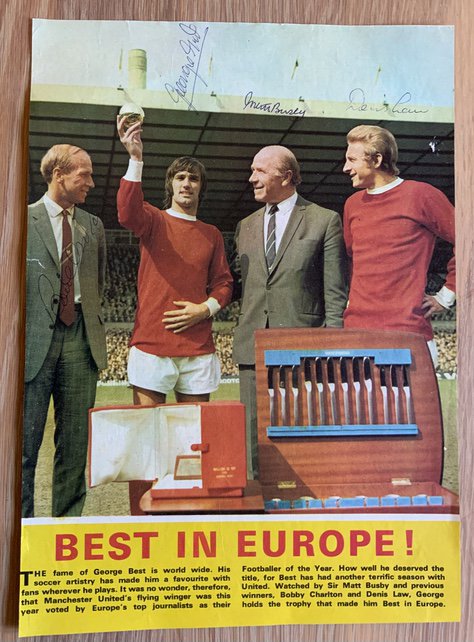 Manchester United Signed Legends Football Picture: A4 size magazine picture signed by all 4 pictured. Includes Denis Law George Best Matt Busby and Bobby Charlton.