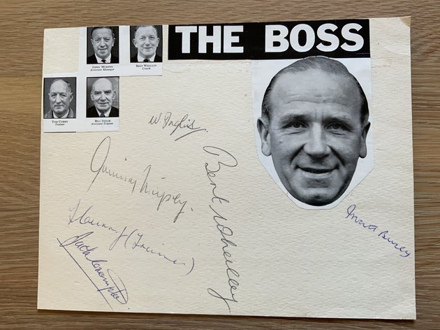 1957 Manchester United Signed Backroom Staff Football Picture: 11 x 8 magazine picture signed by Matt Busby Jimmy Murphy Bill Inglis Jack Crompton Bert Whalley and Tom Curry. Sadly Whalley and Curry died in the Munich air disaster the following year.