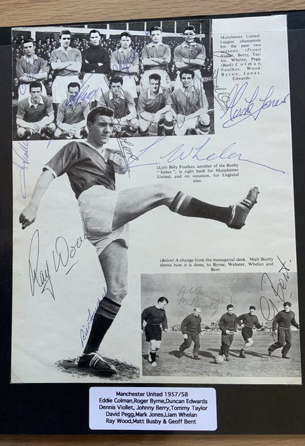 Manchester United 1940s 1950s 1960s Football Autograph Collection: Stunning private collection all pre 1970 from various publications. All signatures are identified and laid down with photo corners on 12 x 12 inch card and easily removable. 87 pages to include a fully signed team group, 4 signed autograph pages including 1957 with 22 autographs, 11 signed original press photos, 23 signed trade cards and 315 various sized pictures to include 54 A4. 133 different player signatures including Duncan Edwards, Mark Jones, Tommy Taylor, Eddie Colman, Liam Whelan, David Pegg, Geoff Bent, Bert Whaley, Tom Curry, George Best x 7, Bobby Charlton, Denis Law, Nobby Stiles, Dennis Violett, Ray Wood, John Aston, Johnny Giles, Stan Pearson, Brian Birch and many more. Must view.