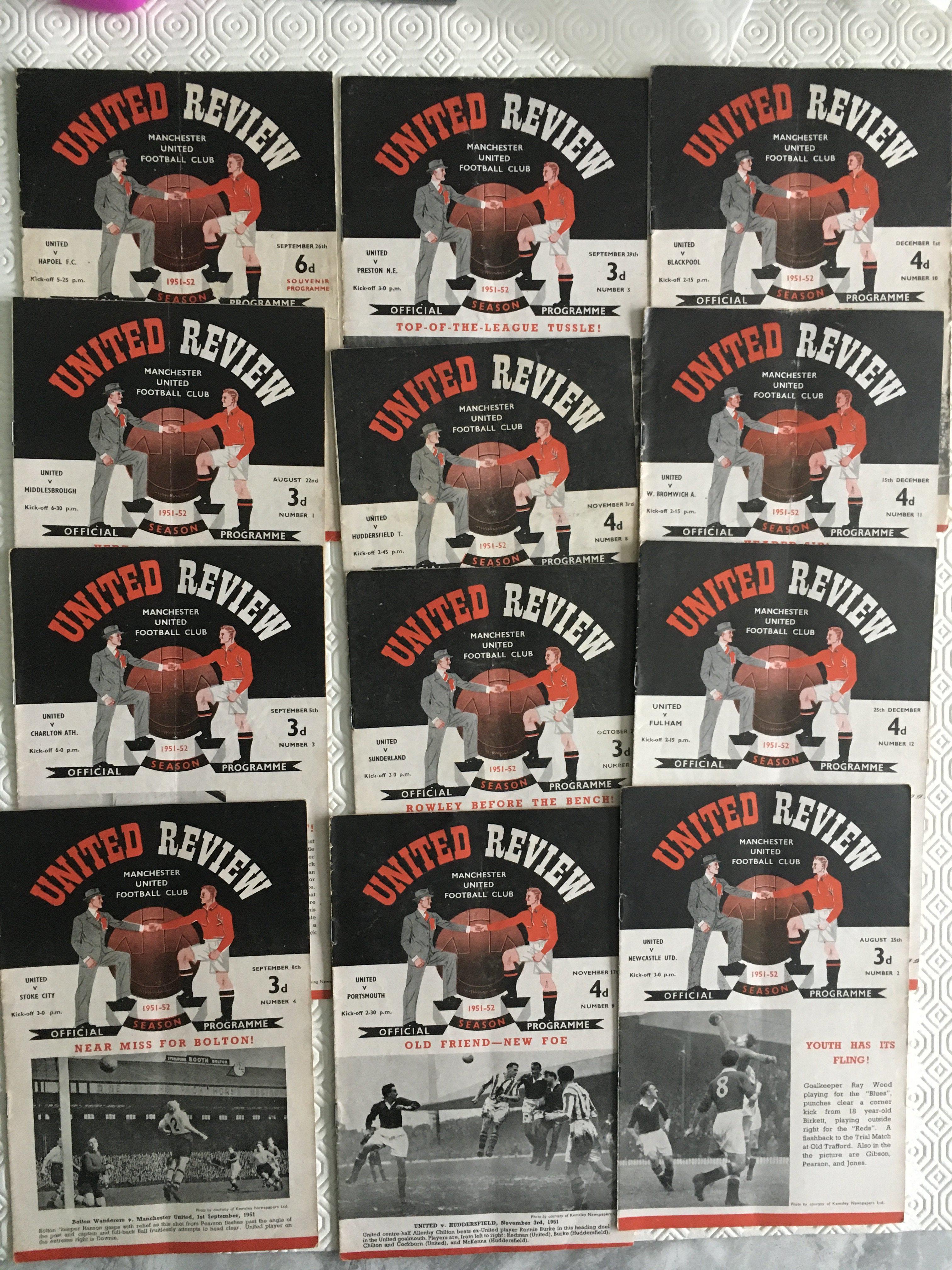51/52 Manchester United Home Football Programmes: Includes Tel Aviv Tottenham Liverpool Hull and Middlesbrough. Overall fair/good. (23)