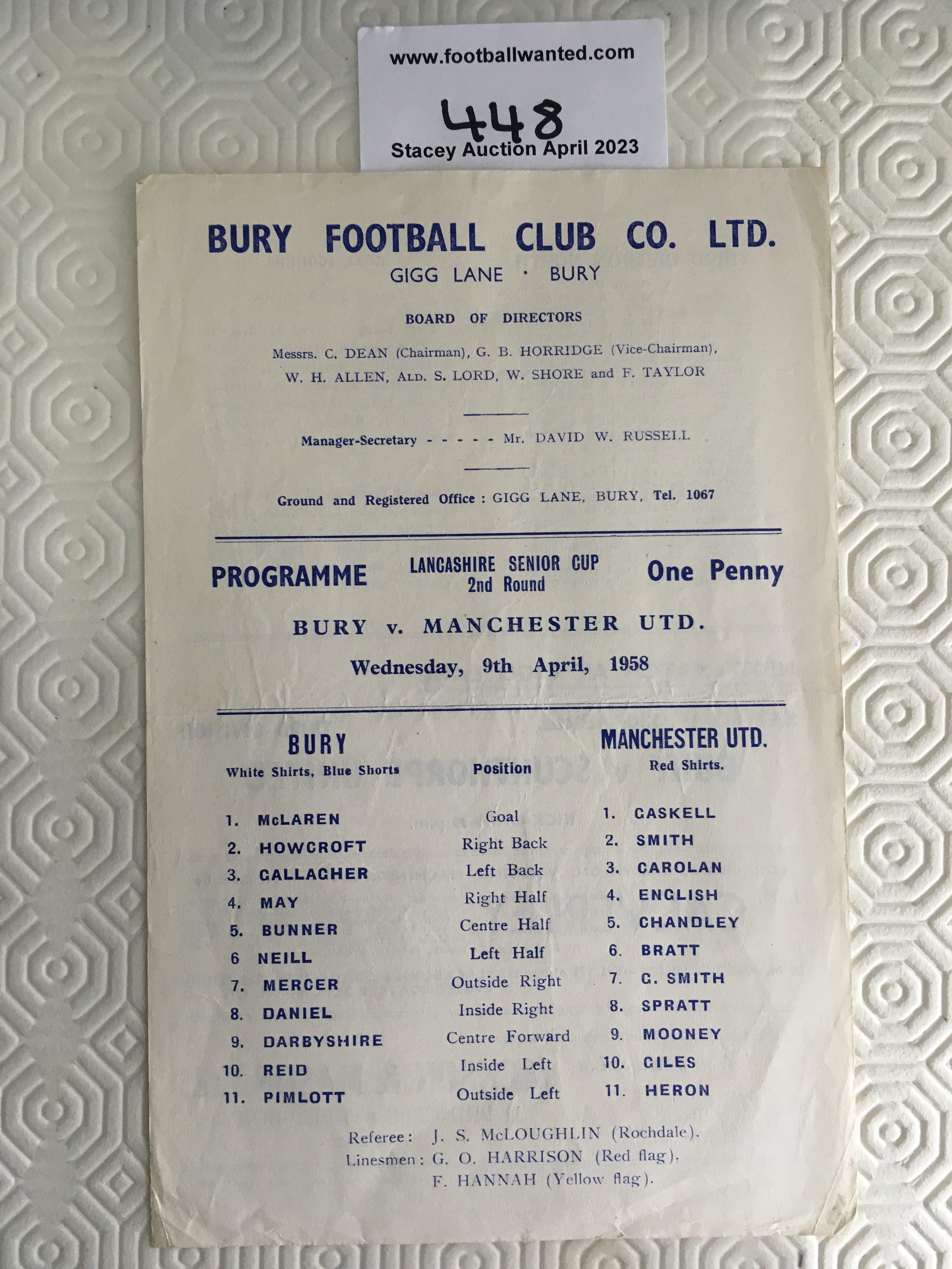 57/58 Bury v Manchester United Football Programme: Lancashire Senior Cup programme is a good condition single sheet with no team changes.