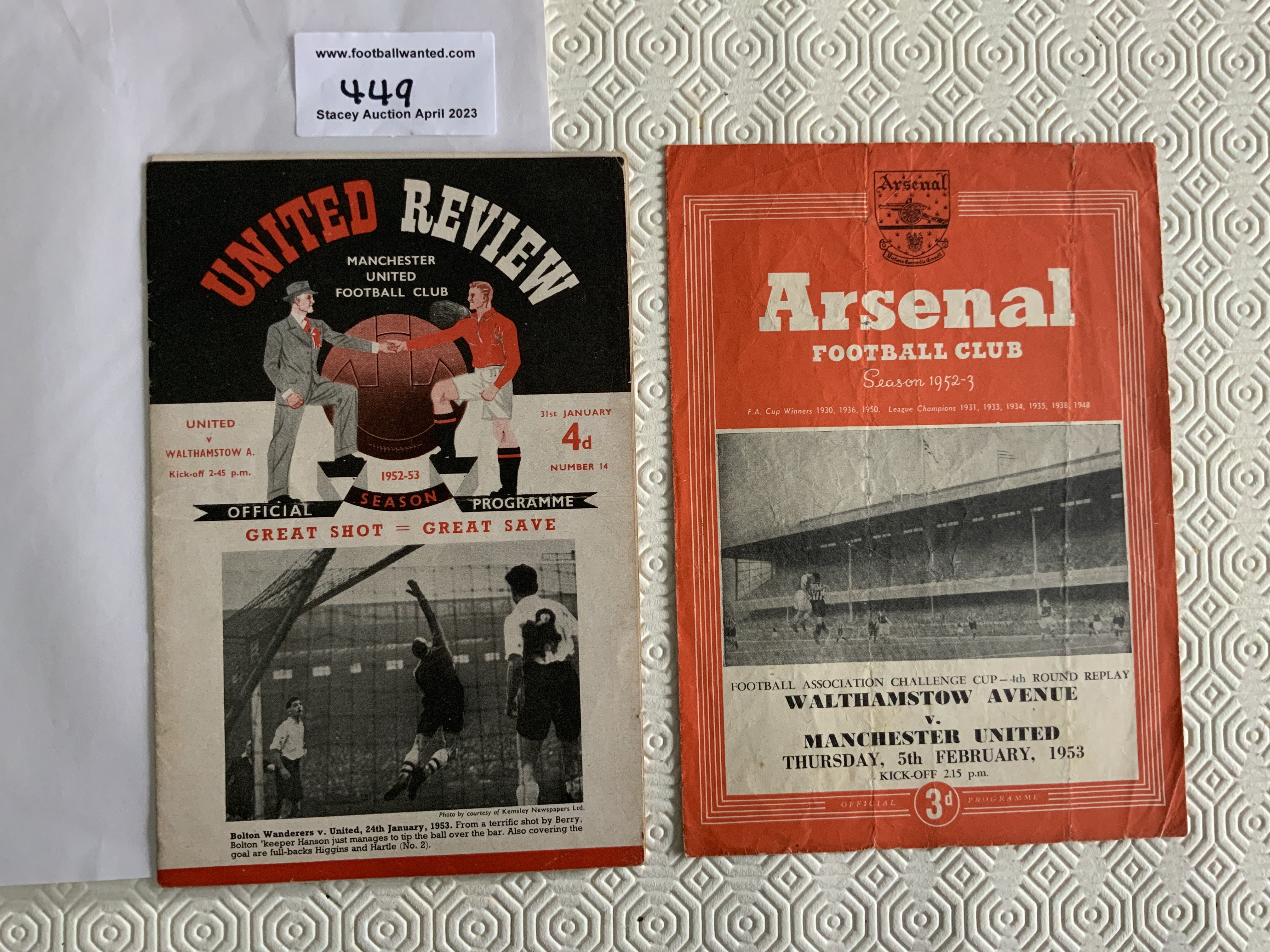 52/53 Manchester United v Walthamstow Football Programmes: 4th round match at Old Trafford is good with no team changes although staples removed. Replay at Arsenal is fair with heavy folding. (2)