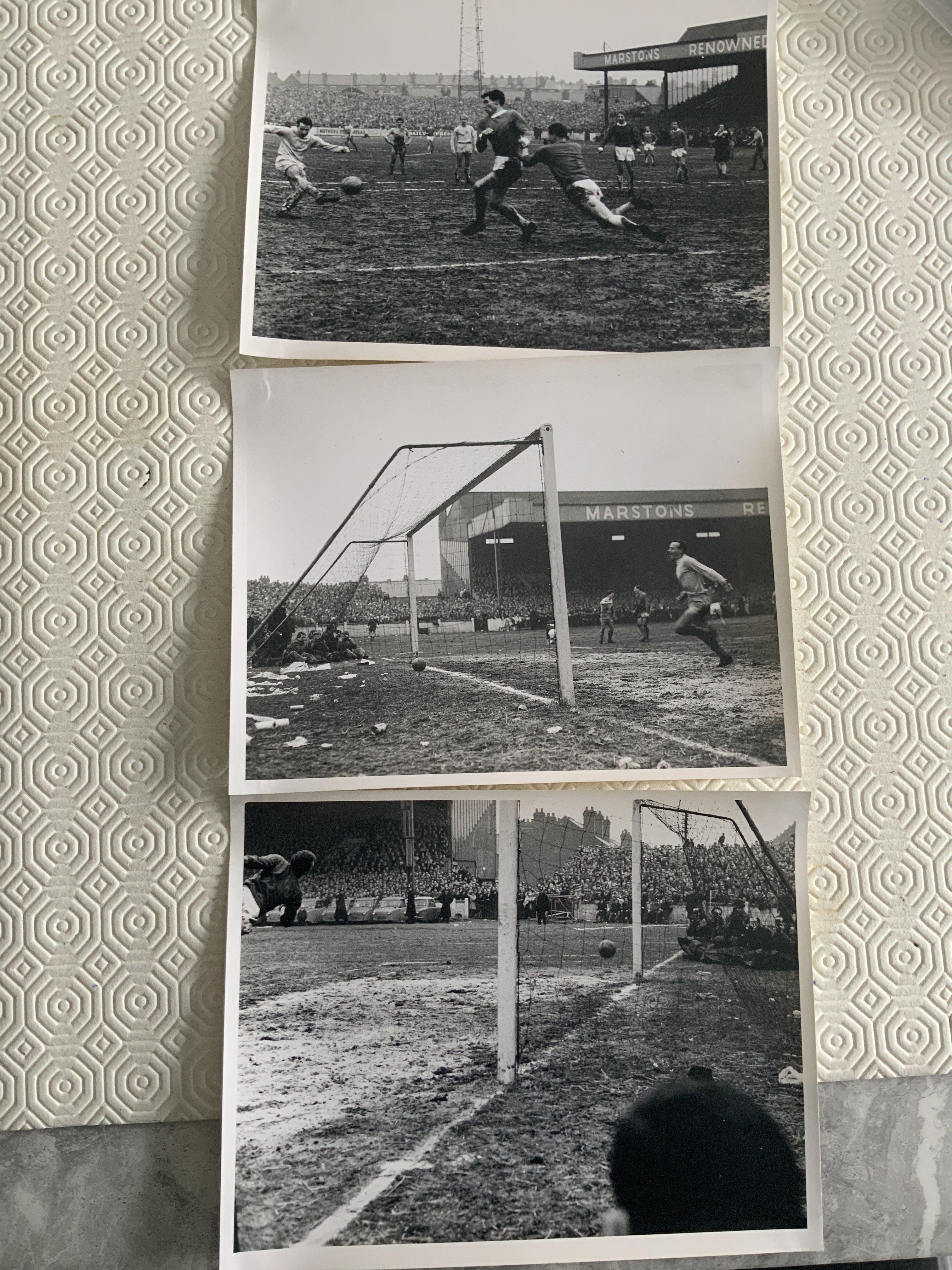 1963 Coventry City v Manchester United FA Cup Press Photos: just over 8 x 6 inches each with press stamps to rear and in depth hand written annotations. From the season Man Utd won the FA Cup.