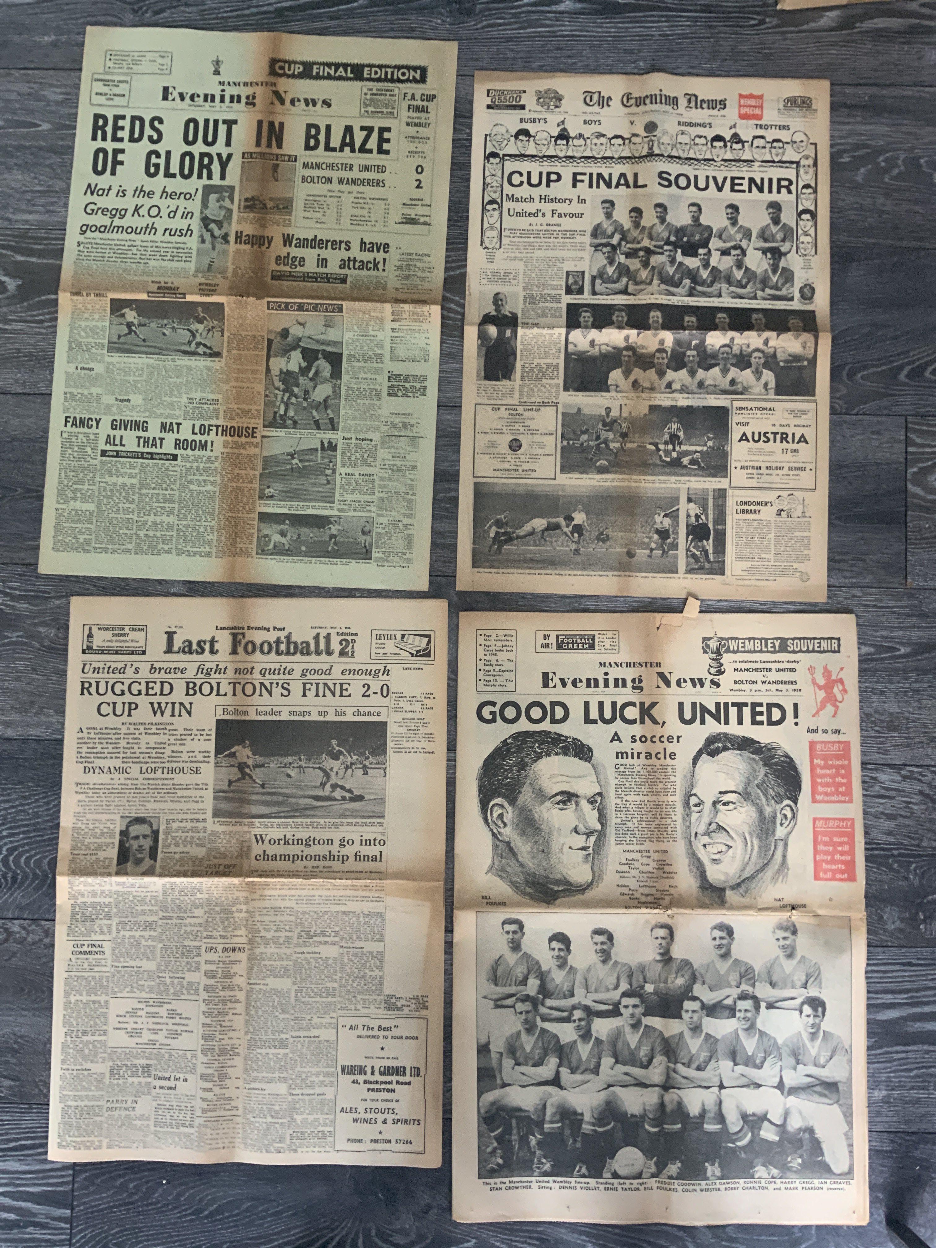 Manchester United v Bolton 1958 FA Cup Final Newspapers: 16 + 4 page Manchester Evening News, 8 page Lancashire Evening Post, and 4 page Evening News. Fair/good condition. (3)
