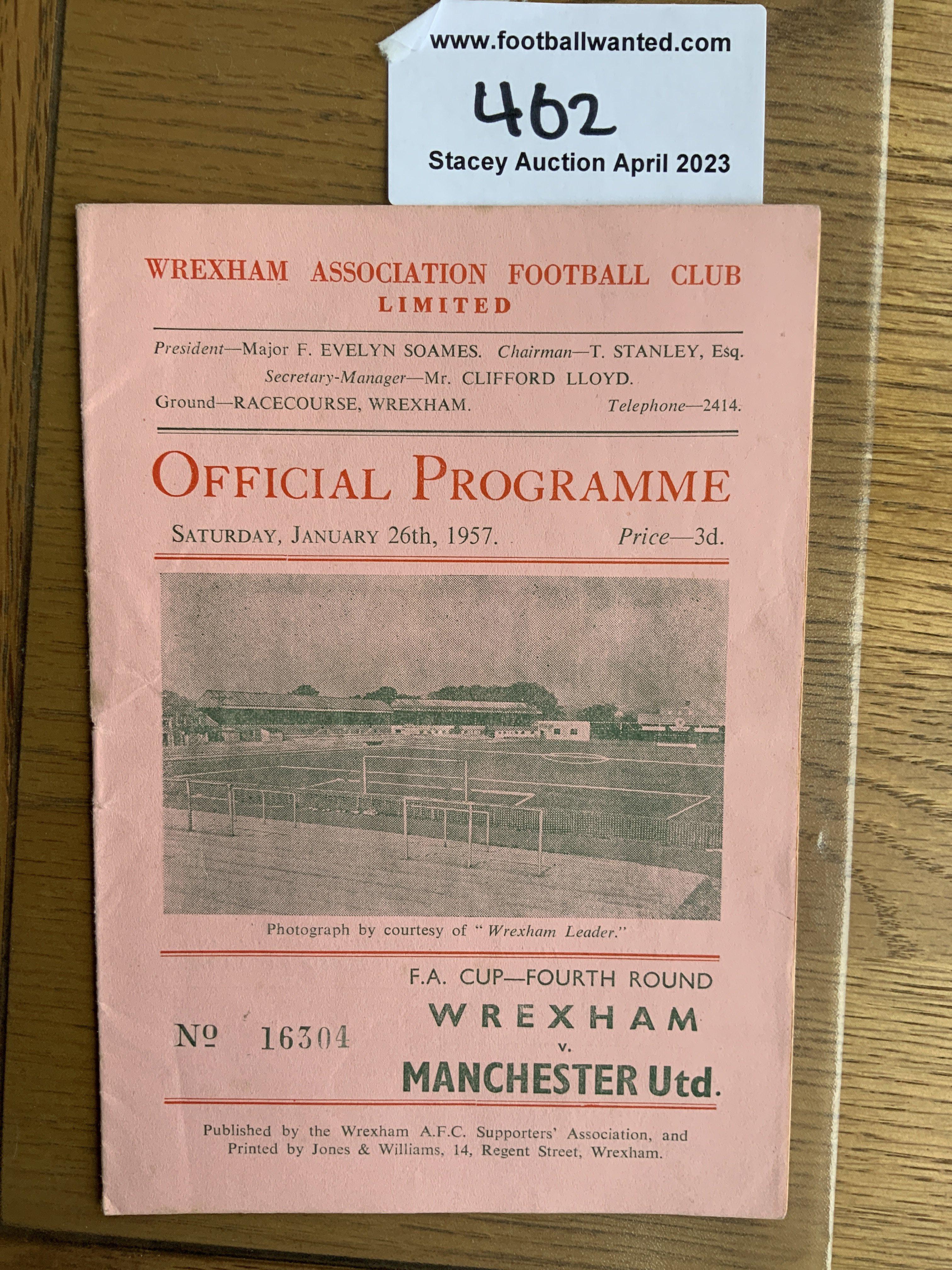 56/57 Wrexham v Manchester United Football Programme: FA Cup programme in very good condition with team changes. From the season Man Utd got to the final.