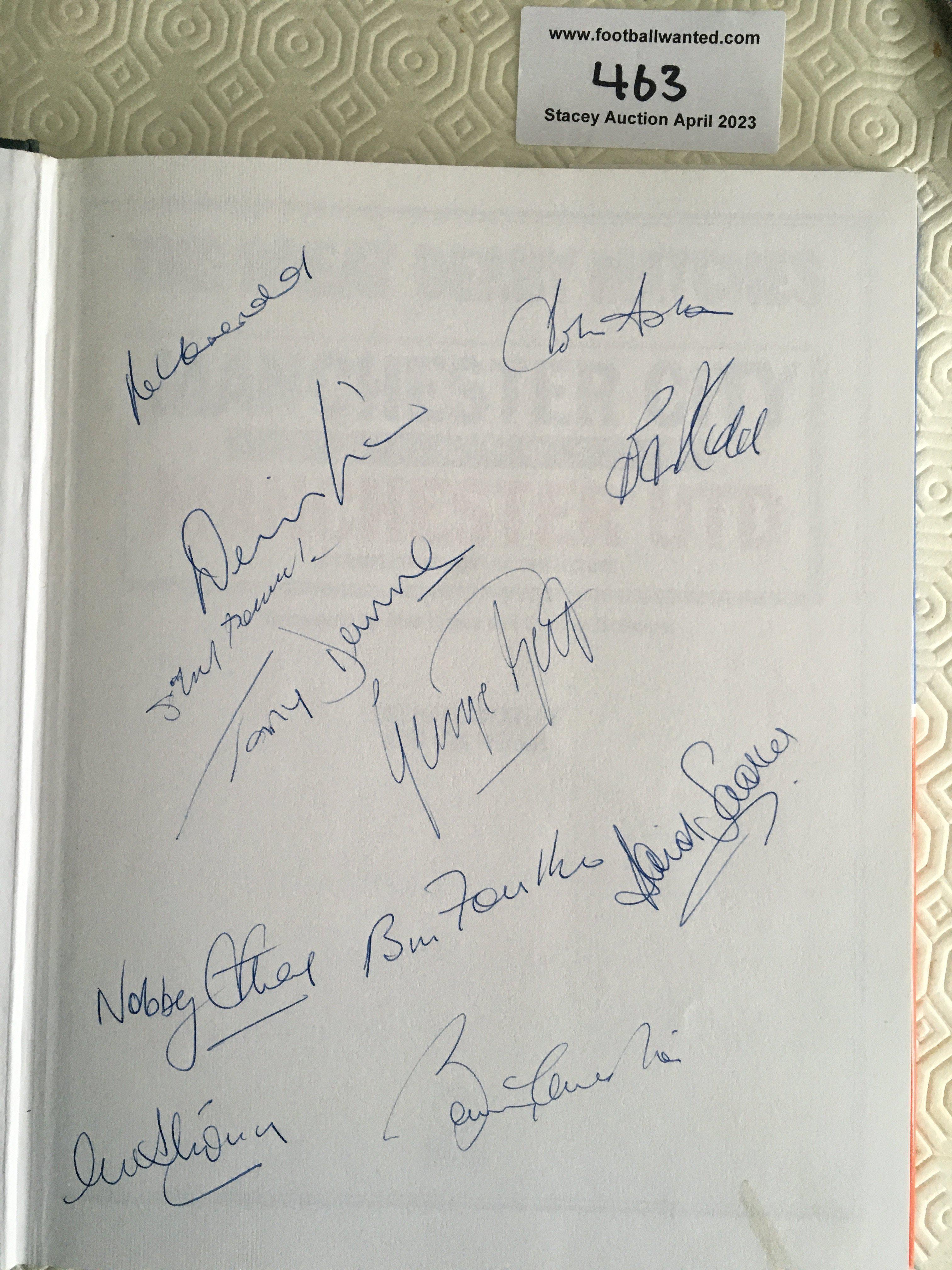 1968 Manchester United Complete Squad Signed Football Book: All 1968 European Cup winners have signed the inside blank page of the Great Derby Matches book. Hand signed in biro to include Charlton, Best and Law. Nice item.