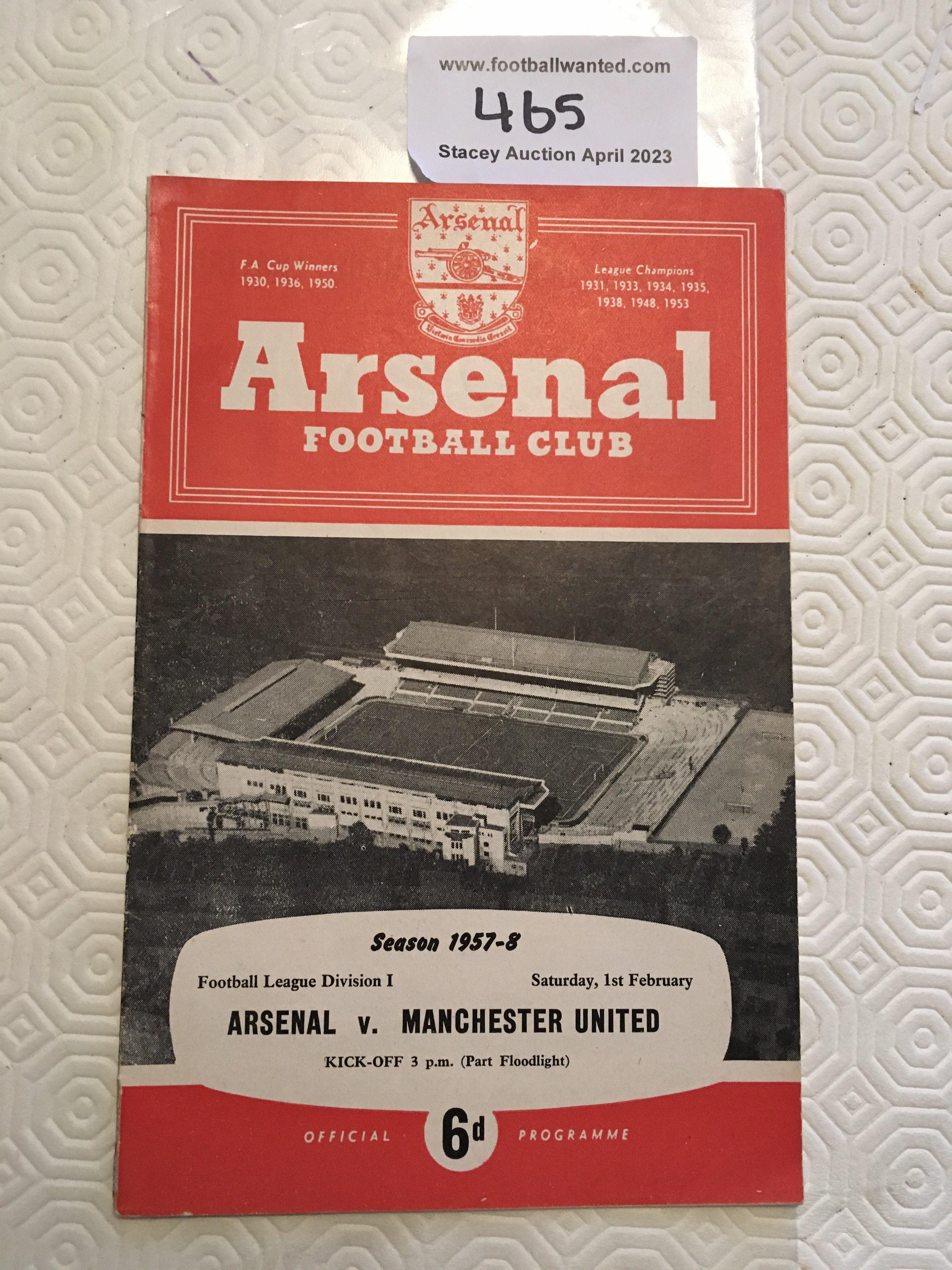 57/58 Arsenal v Manchester United Football Programme: Last match in England before the Busby Babes tragedy and fittingly some say the most exciting match of both teams history a 5-4 win for Utd. Excellent condition with no team changes.