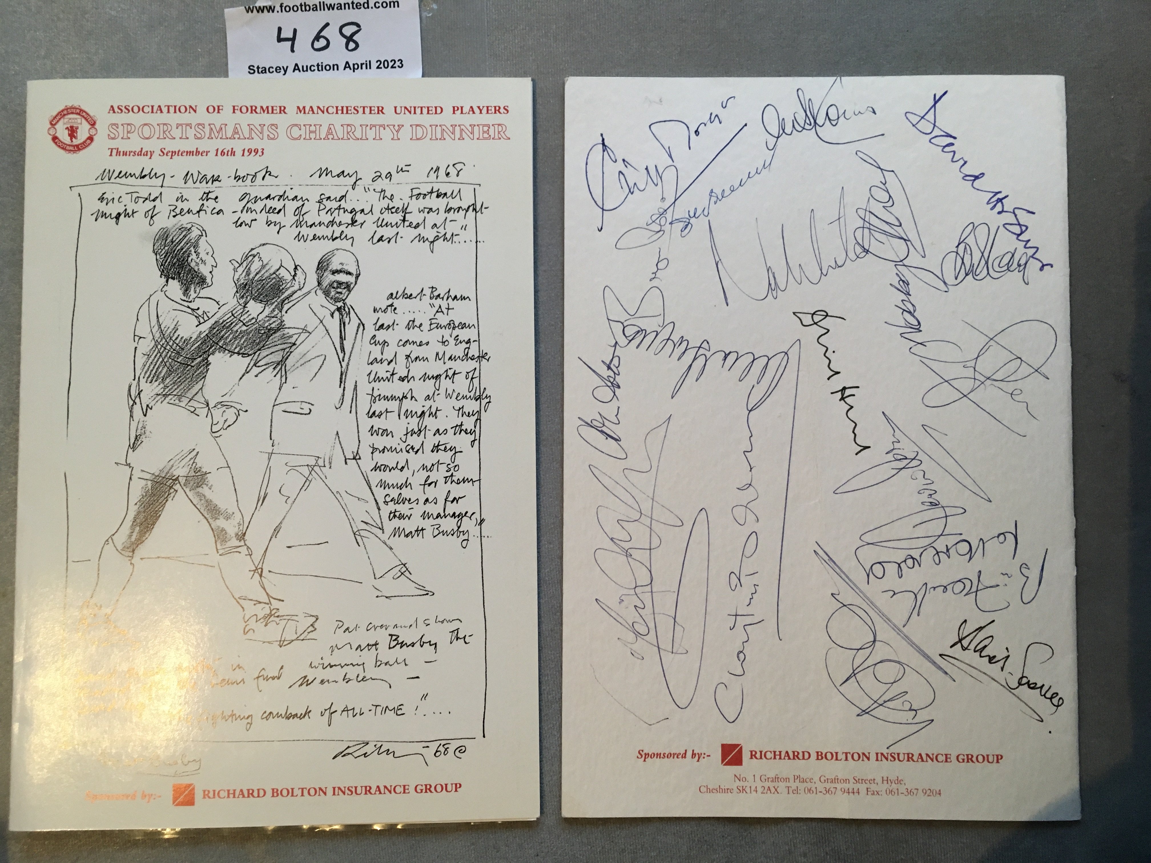 Manchester United Signed Dinner Menu: Held in 1993 by the Association of Former Manchester United Players. Signed to back page by some 92/93 league winners and former players. Includes Sadler Herd Blackmore Hughes Crerand Foulkes Whiteside Stiles Robson and 10 others. C/W spare unused menu. (2)
