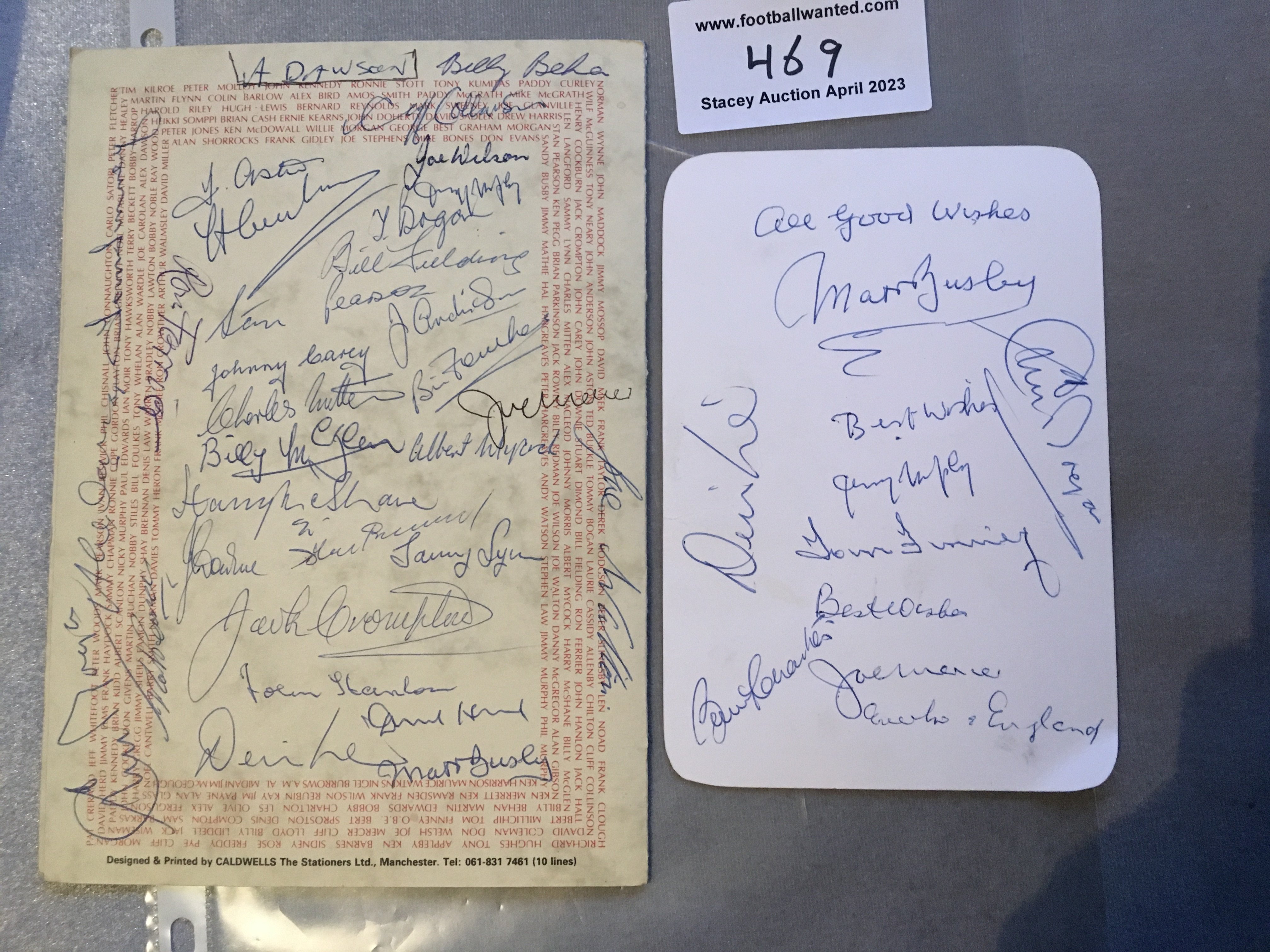 Manchester United Matt Busby Birthday Signed Menu: Held in 1989 by the Association of Former Manchester United Players for the 80th Birthday Celebrations of Matt Busby. Signed to rear of menu by lots of Man Utd stars and a few other guests to include Joe Mercer and Tom Finney. Over 30 autographs to include Busby Law Crompton McShane Foulkes Carey Pearson Dawson Mitten and Fielding. C/W ticket for event with blank reverse signed by Busby Finney Charlton Law and Murphy (2)
