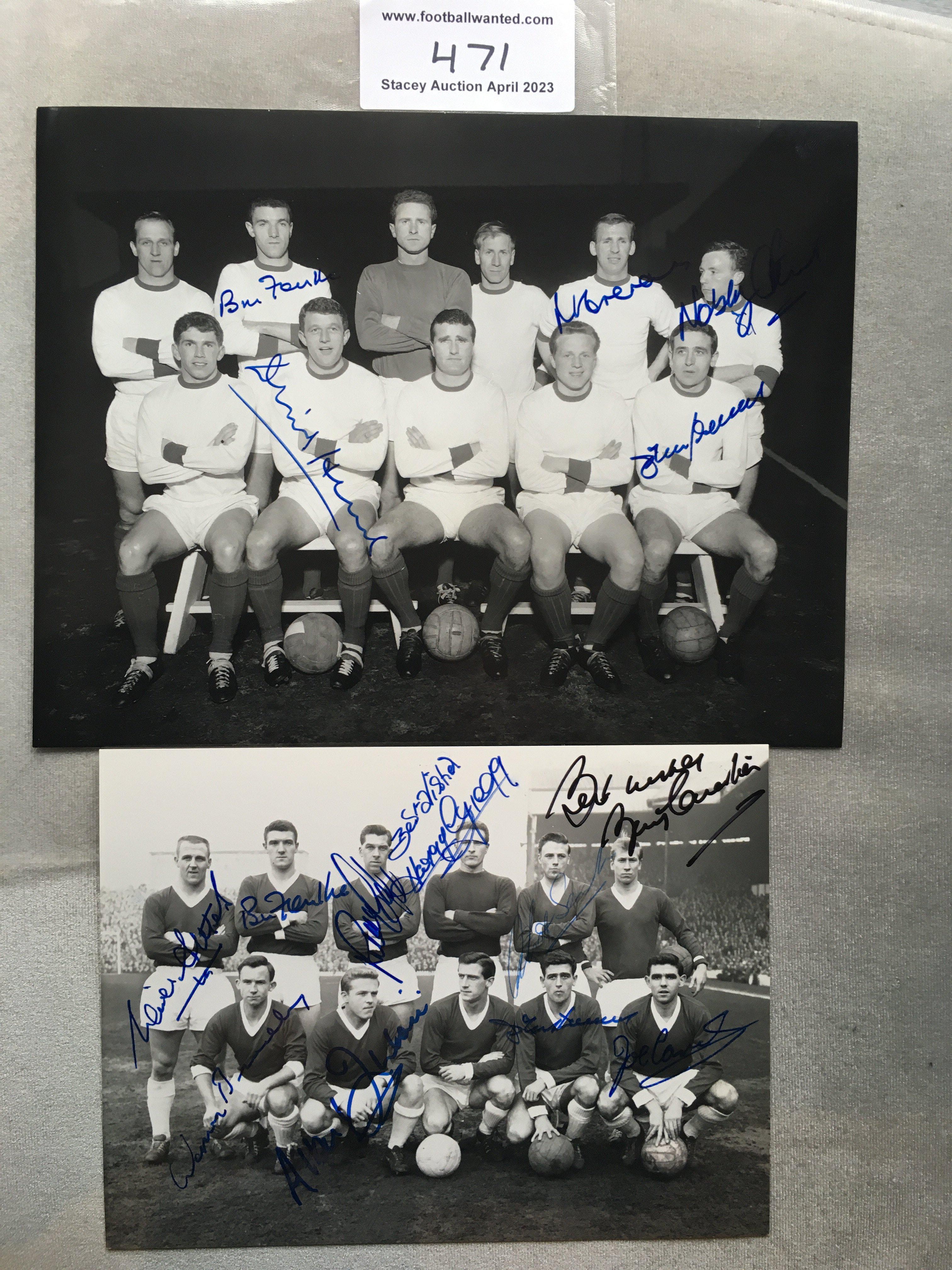 Manchester Signed 1960s Football Team Photos: Genuine autographs collected by a friend of many of the players who we know ourselves. Black and white photos signed by 9 including Charlton Foulkes Gregg and Setters and a further signed by 5 including Stiles Crerand and Foulkes. (2)