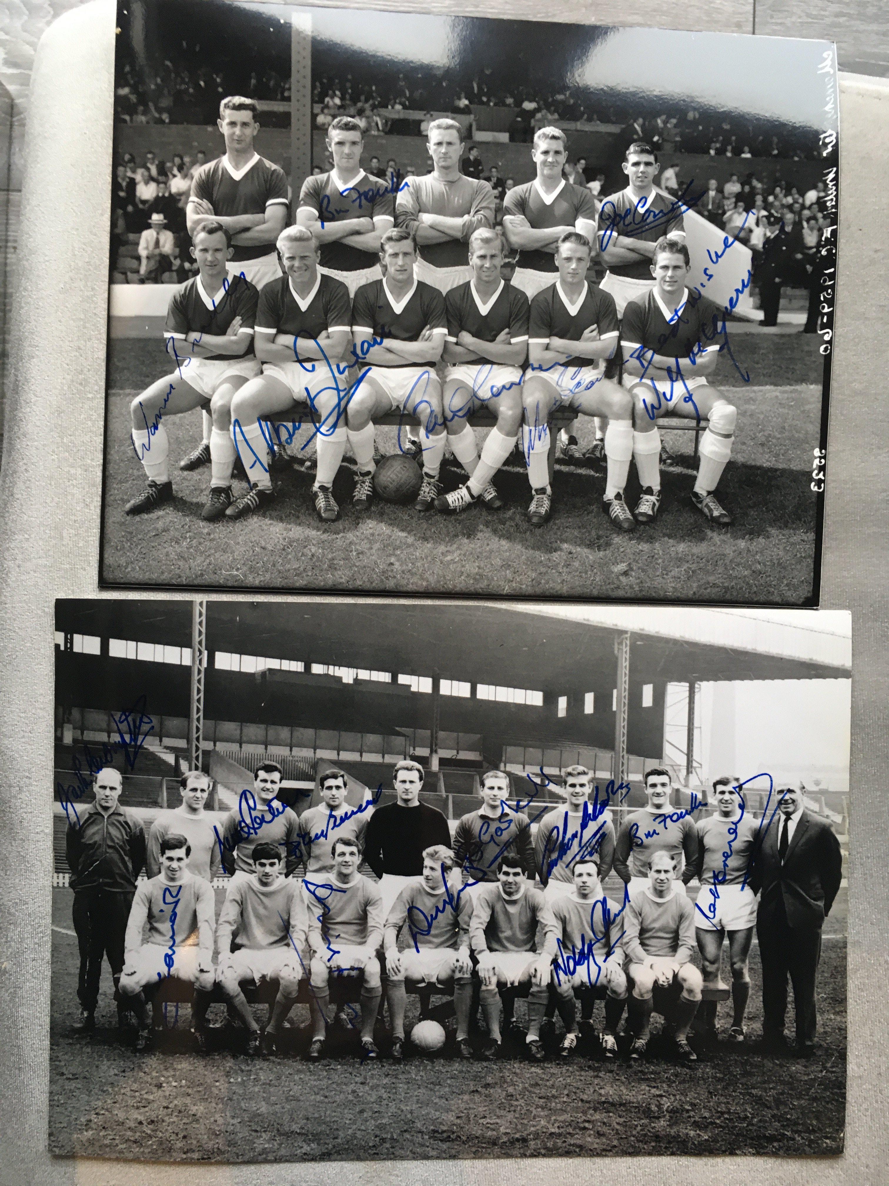 Manchester Signed 1960s Football Team Photos: Genuine autographs collected by a friend of many of the players who we know ourselves. Lsrge black and white photos signed by 11 including Law Stiles Foulkes and Crerand and a further signed by 7 including Charlton McGuinness and Foulkes. (2)