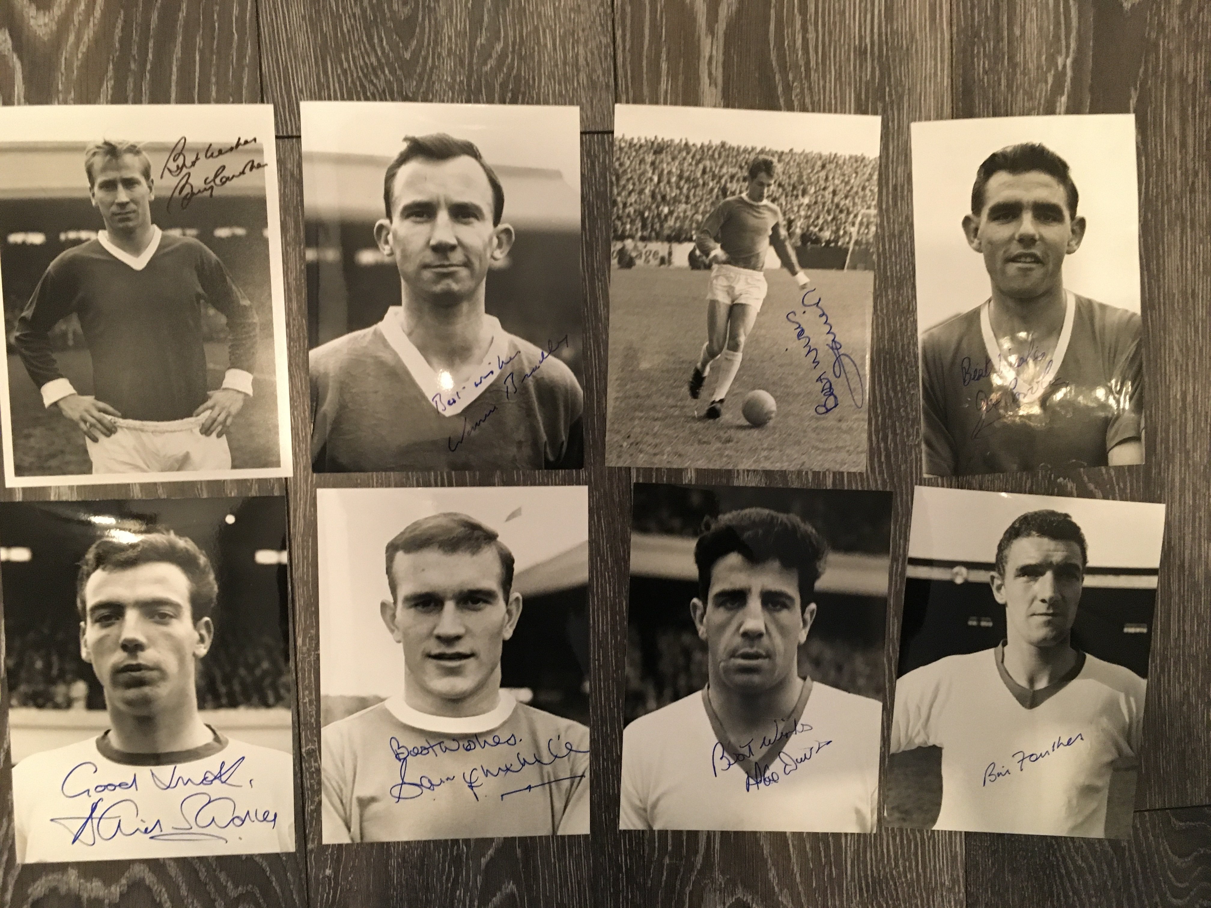 Manchester United 1960s Signed Photos: Individual black and white 8 x 6 inch photos hand signed without dedication by Charlton Muir Bradley Dawson Foulkes McMillan Sadler and Carolan the latter being a press photo. Collected by a friend of the players personally known to us. (8)