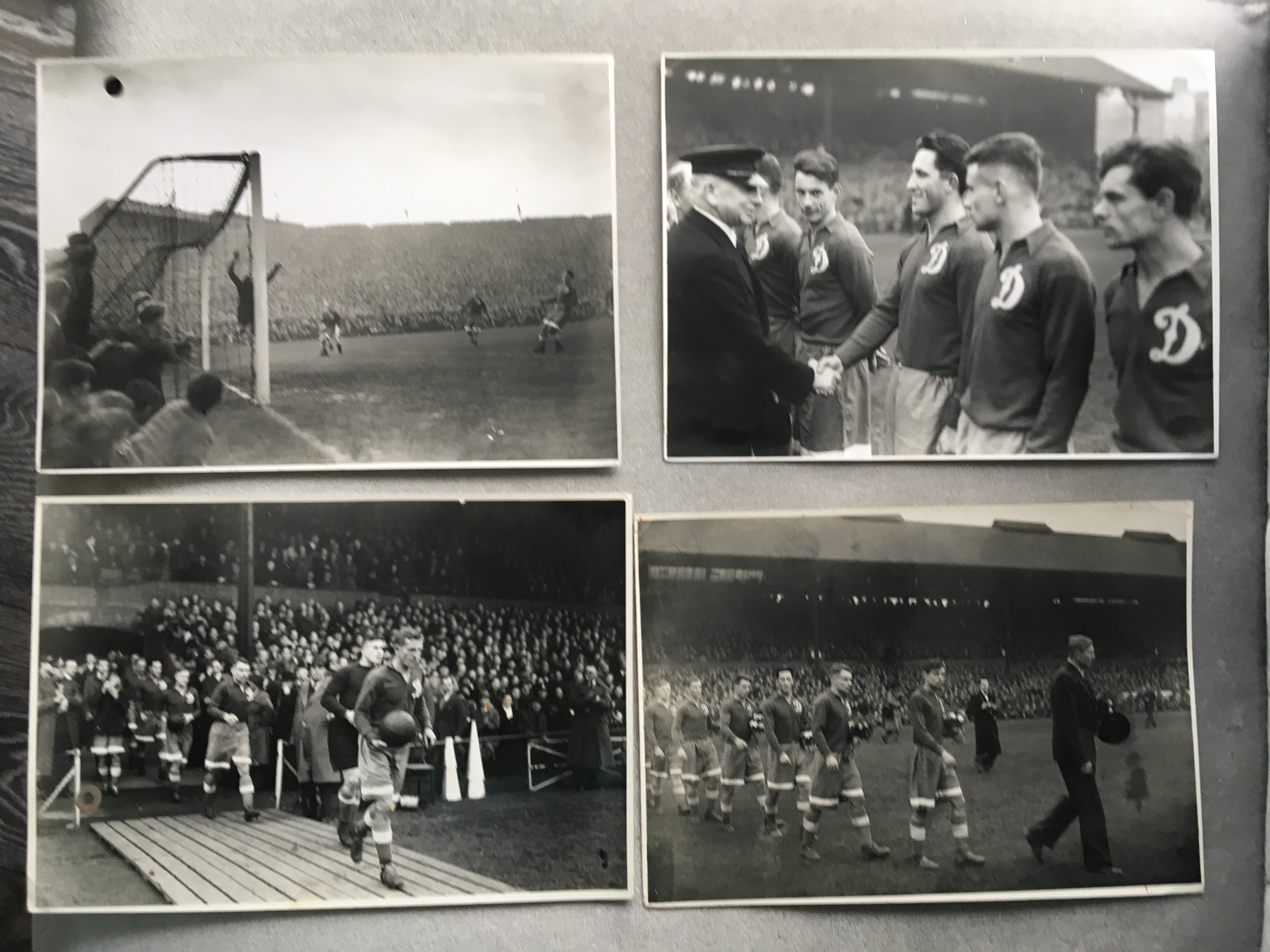 1945 Chelsea v Moscow Dynamo Football Press Photos: Original press photos with stamps and annotations. Features Dynamo being introduced to officials, Coming out the tunnel and match action with a great view of the Stamford Bridge ground. (4)