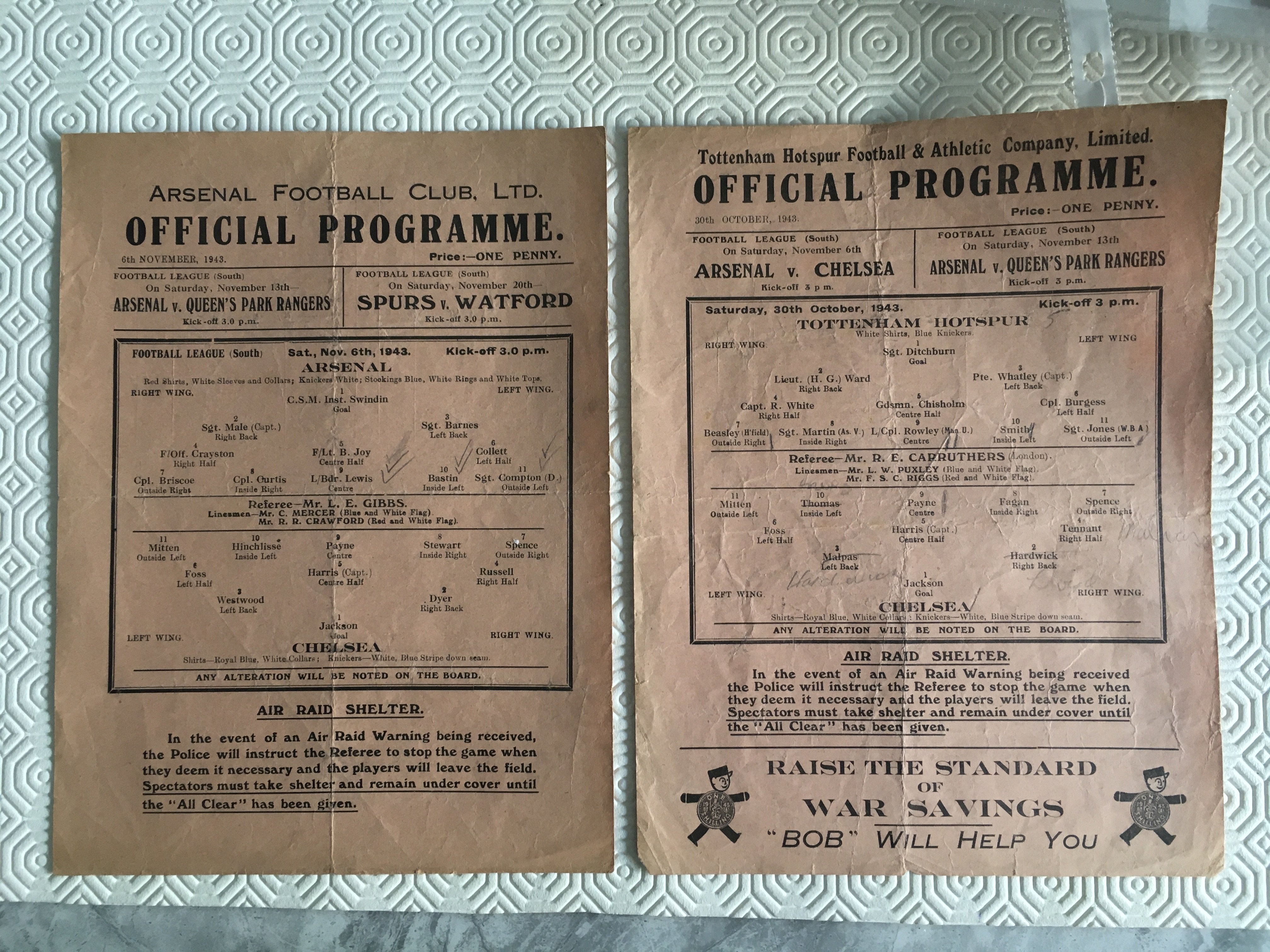 43/44 Chelsea Away Football Programmes: Matches v Tottenham and Arsenal. Fair condition single sheet league matches with pencilled team changes and folding. (2)
