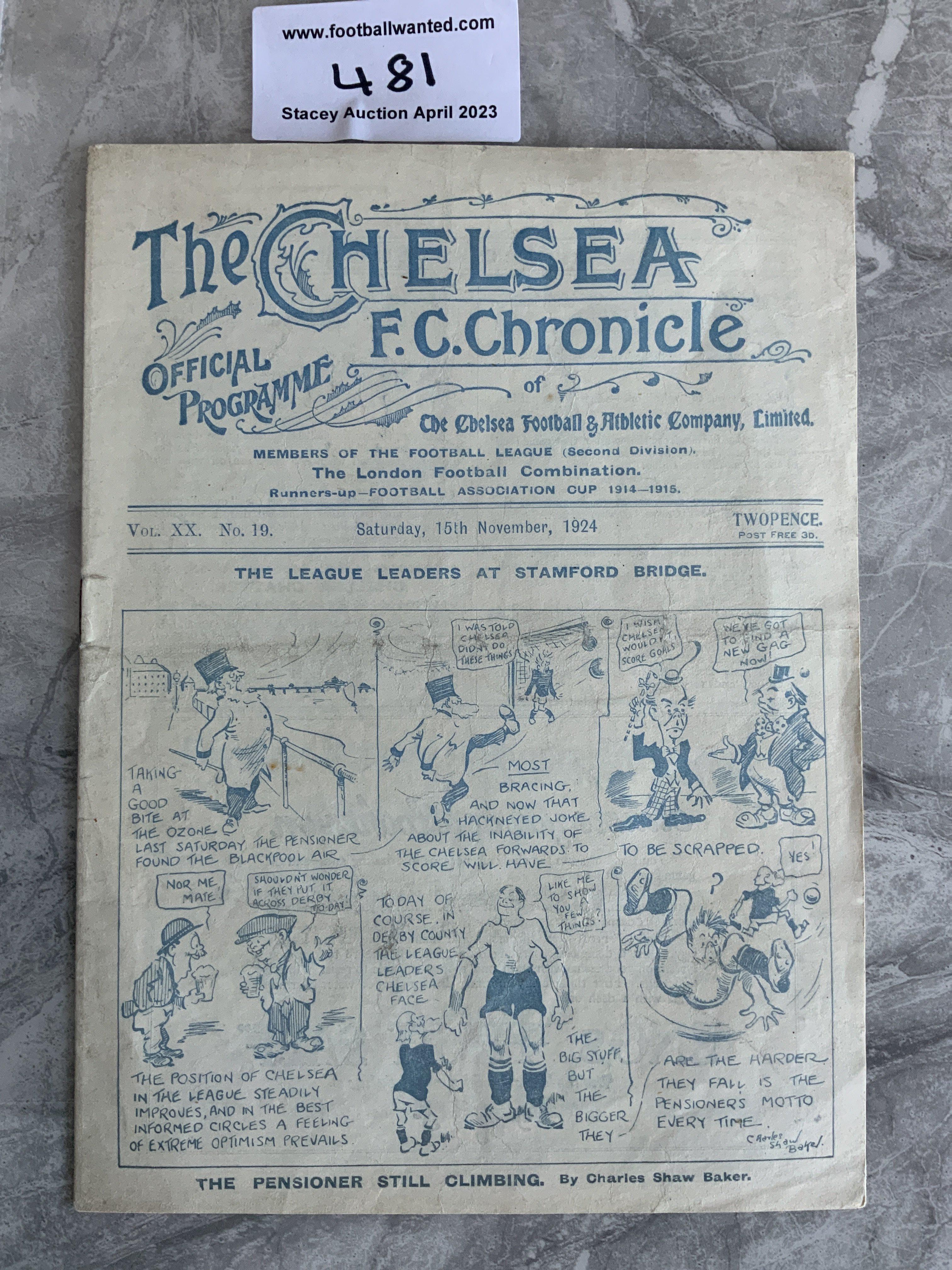 1924/1925 Chelsea v Derby County Football Programme: Good condition Division 2 match programme with no team changes. Excellent professional repair to staple.