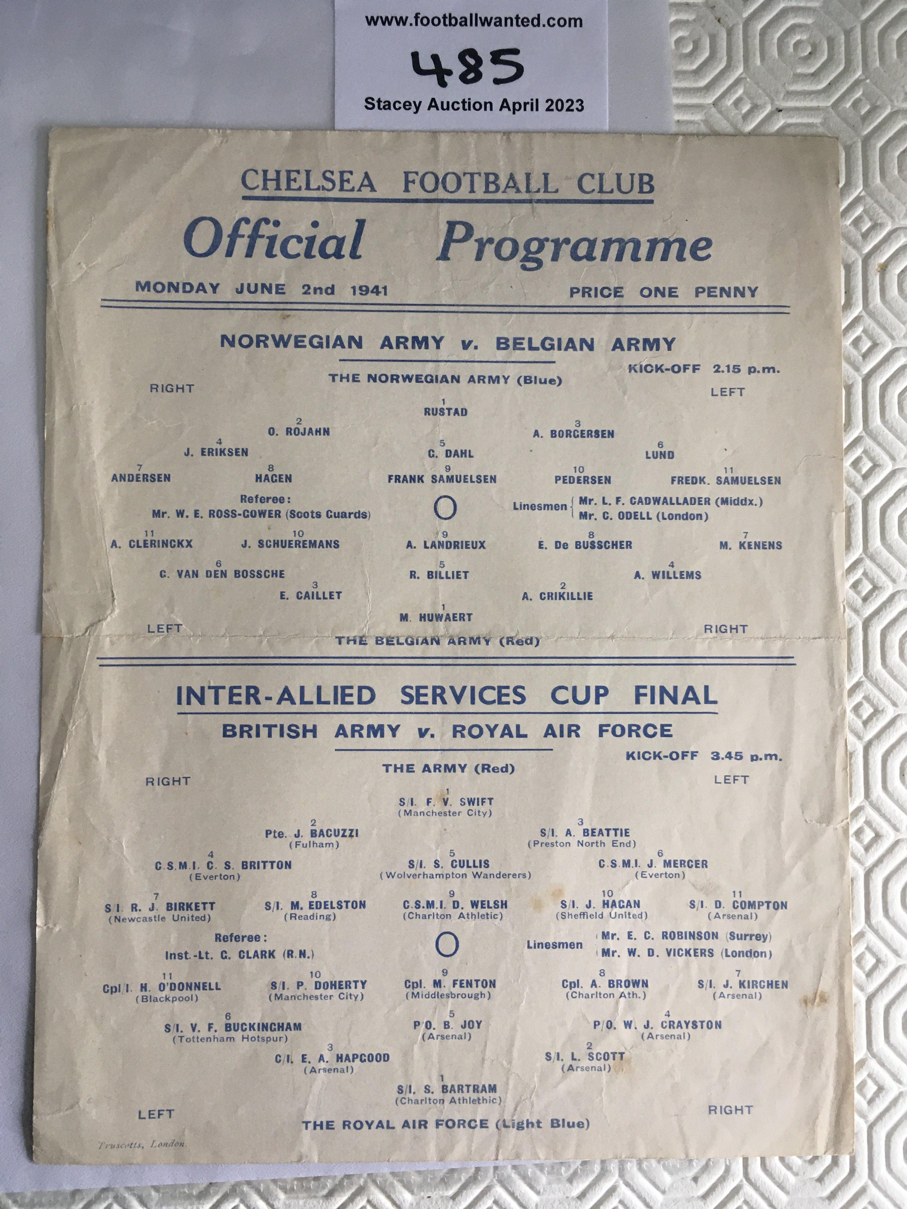 1941 Norway v Belgium Army Football Programme: Played at Chelsea. Single sheet with folding in good condition with no team changes. Doubles up as British Army v Royal Air Force.