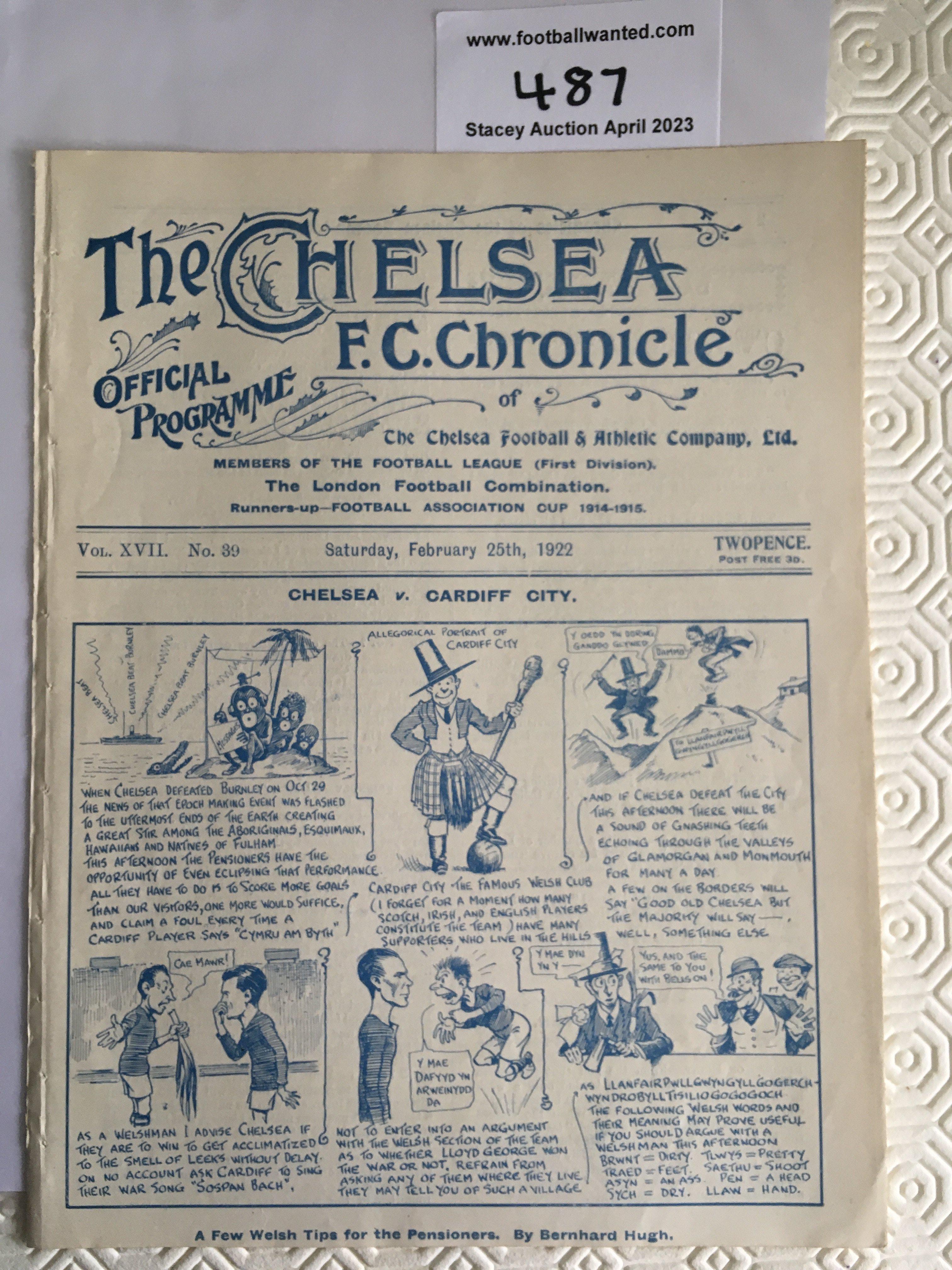 1921 - 1922 Chelsea v Cardiff City Football Programme: Four pager ex bound in excellent condition with no team changes.
