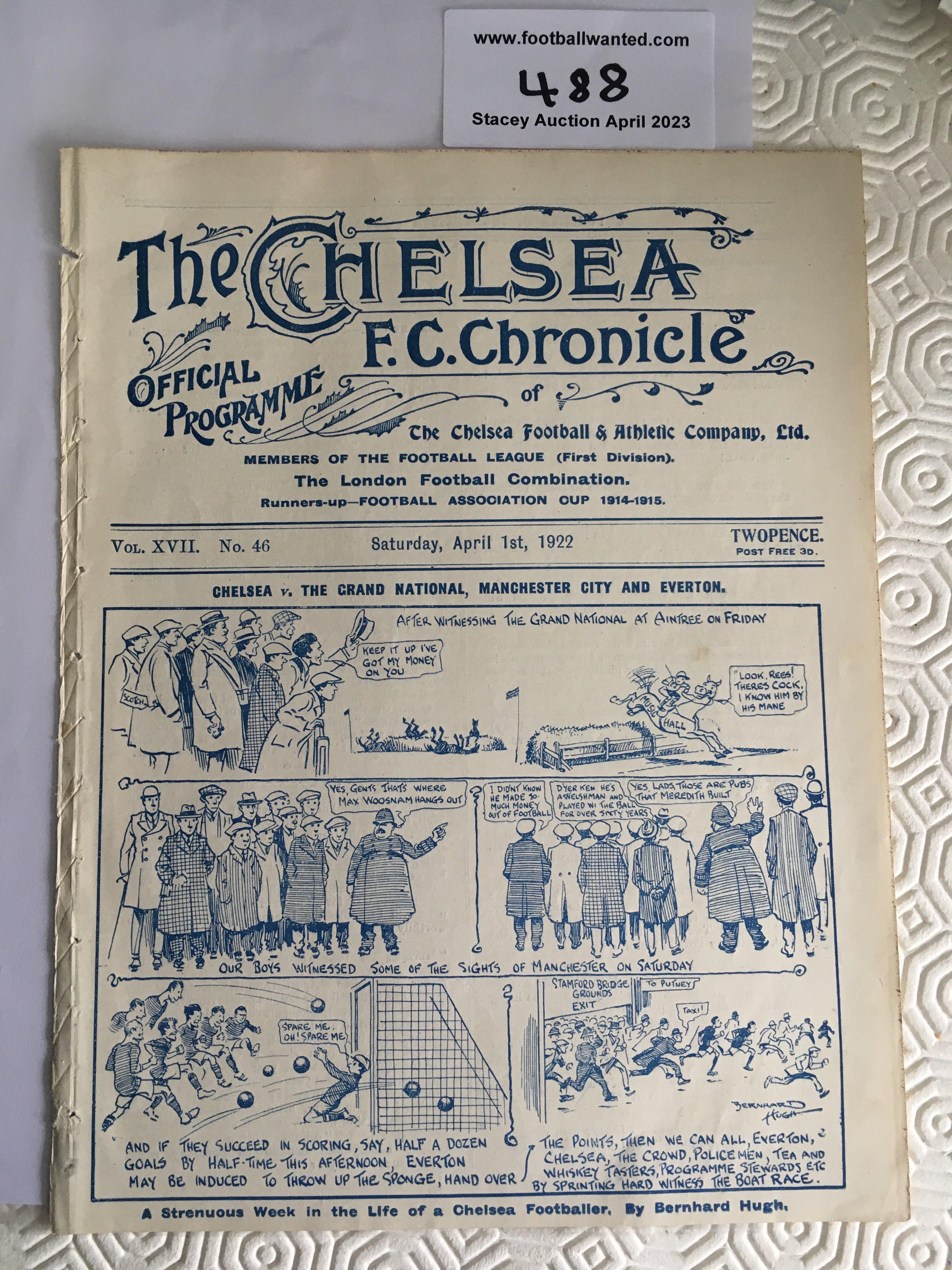 1921 - 1922 Chelsea v Everton Football Programme: Four pager ex bound in good condition with no team changes.