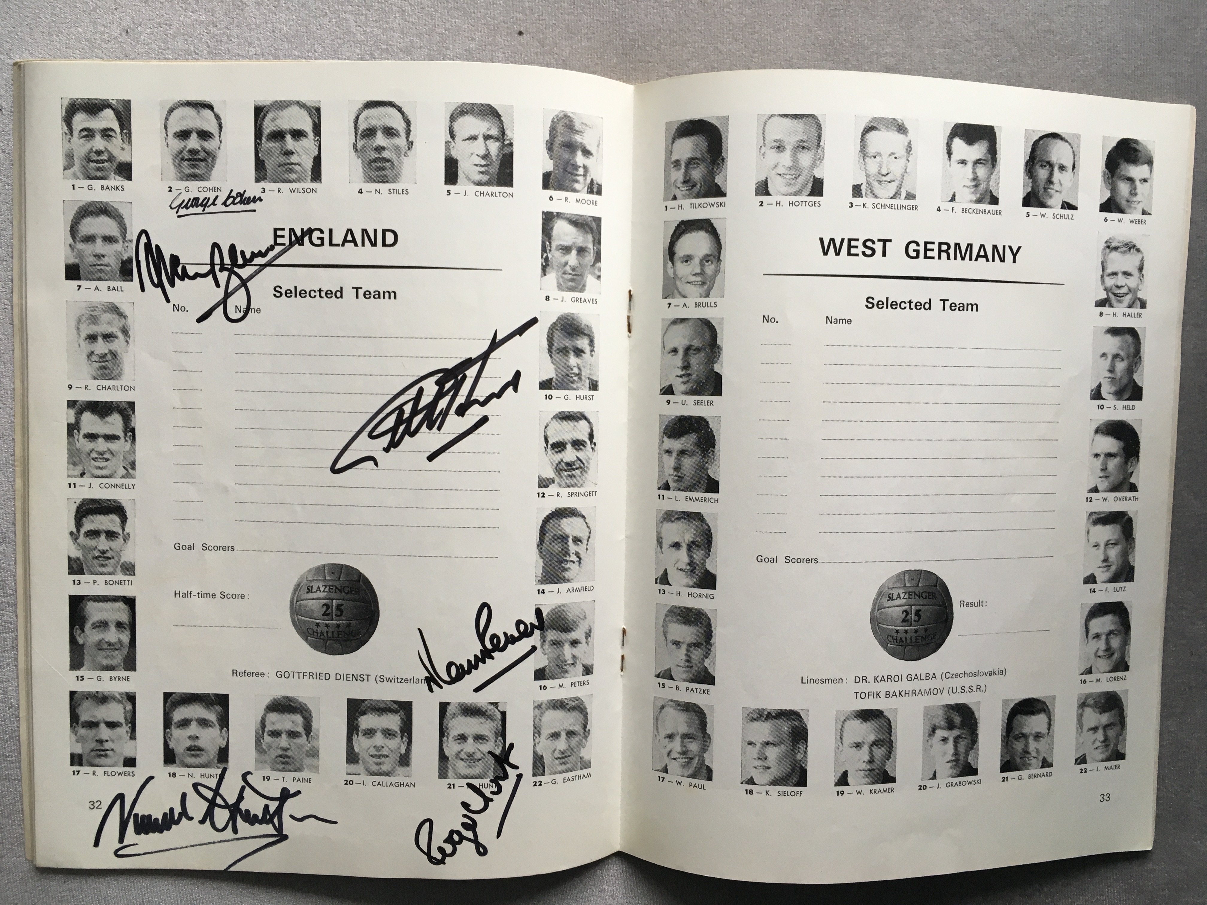 1966 World Cup Final Signed Football Programme: Excellent condition original final programme signed on England team page in marker pen by Cohen, Ball, Hurst, Hunter, Hunt and Peters. C/W tournament programme. (2)
