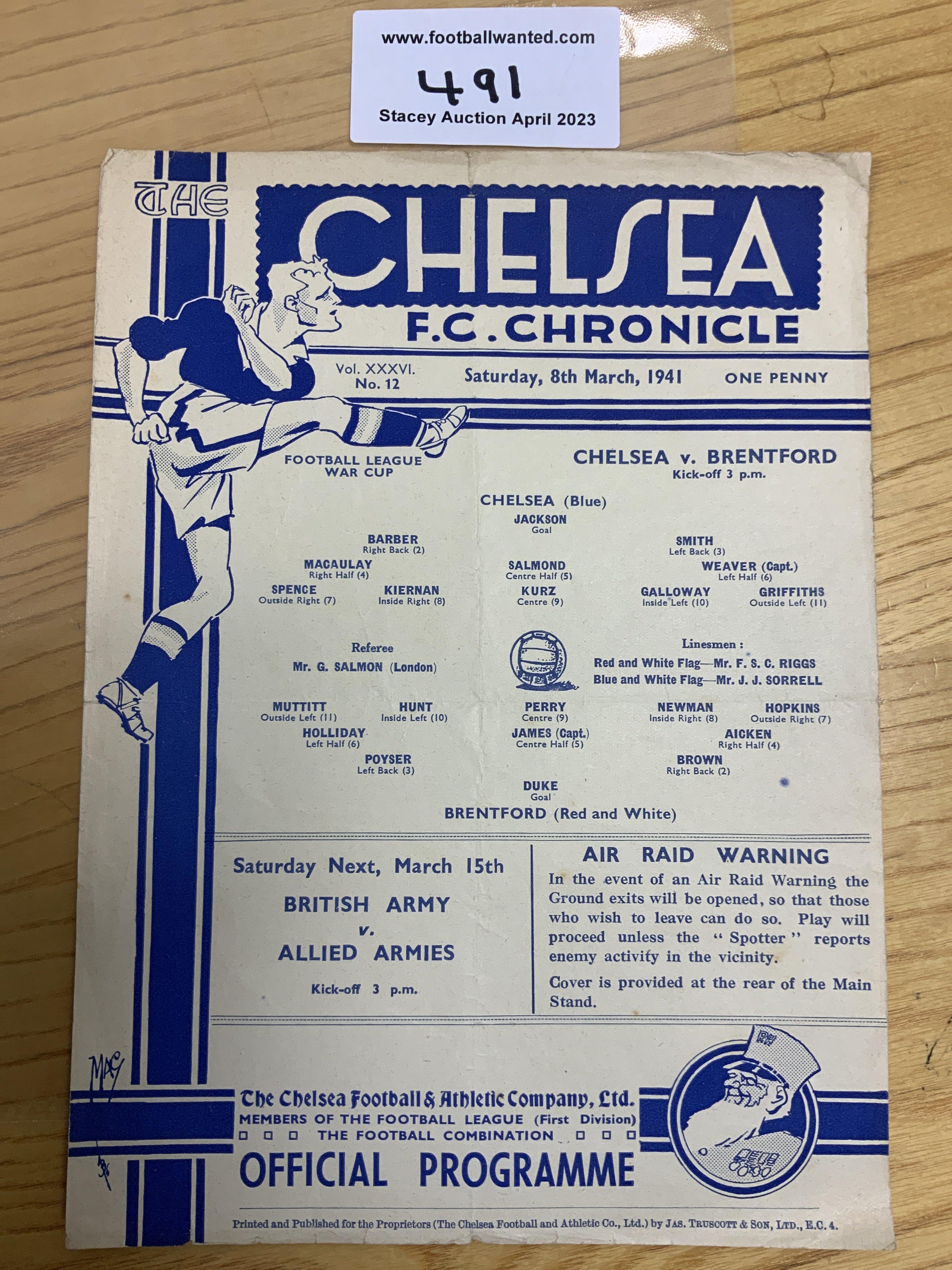 40/41 Chelsea v Brentford Football Programme: Excellent condition single sheet with no team changes from hard to obtain season. Dated 8 3 1941.