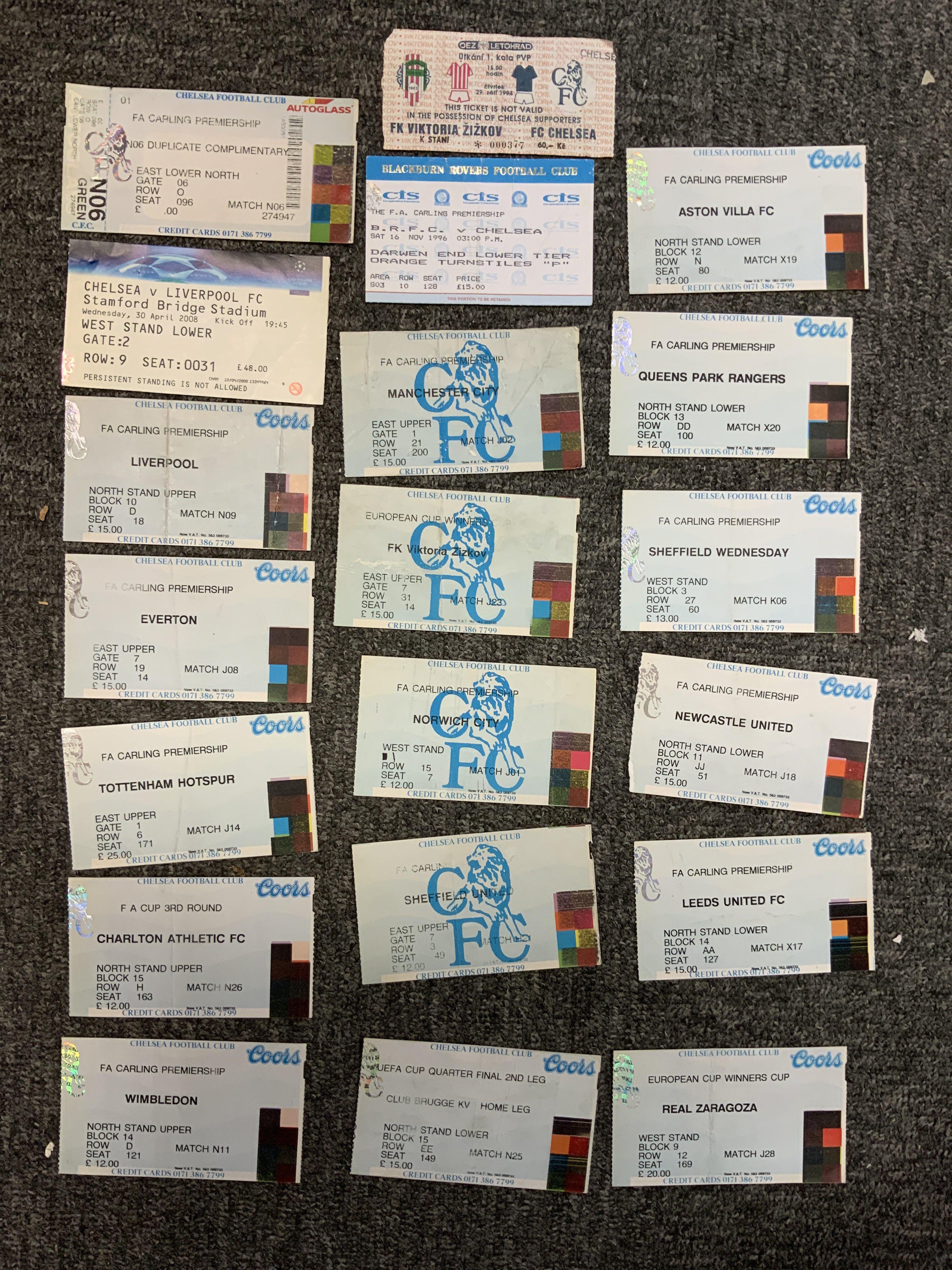 Chelsea Football Tickets: 94/95 away v Victoria Zizkov ECWC and 96/97 Blackburn. The remaining mainly home 90s tickets including 2 European. Good with instructions to sell. (20)