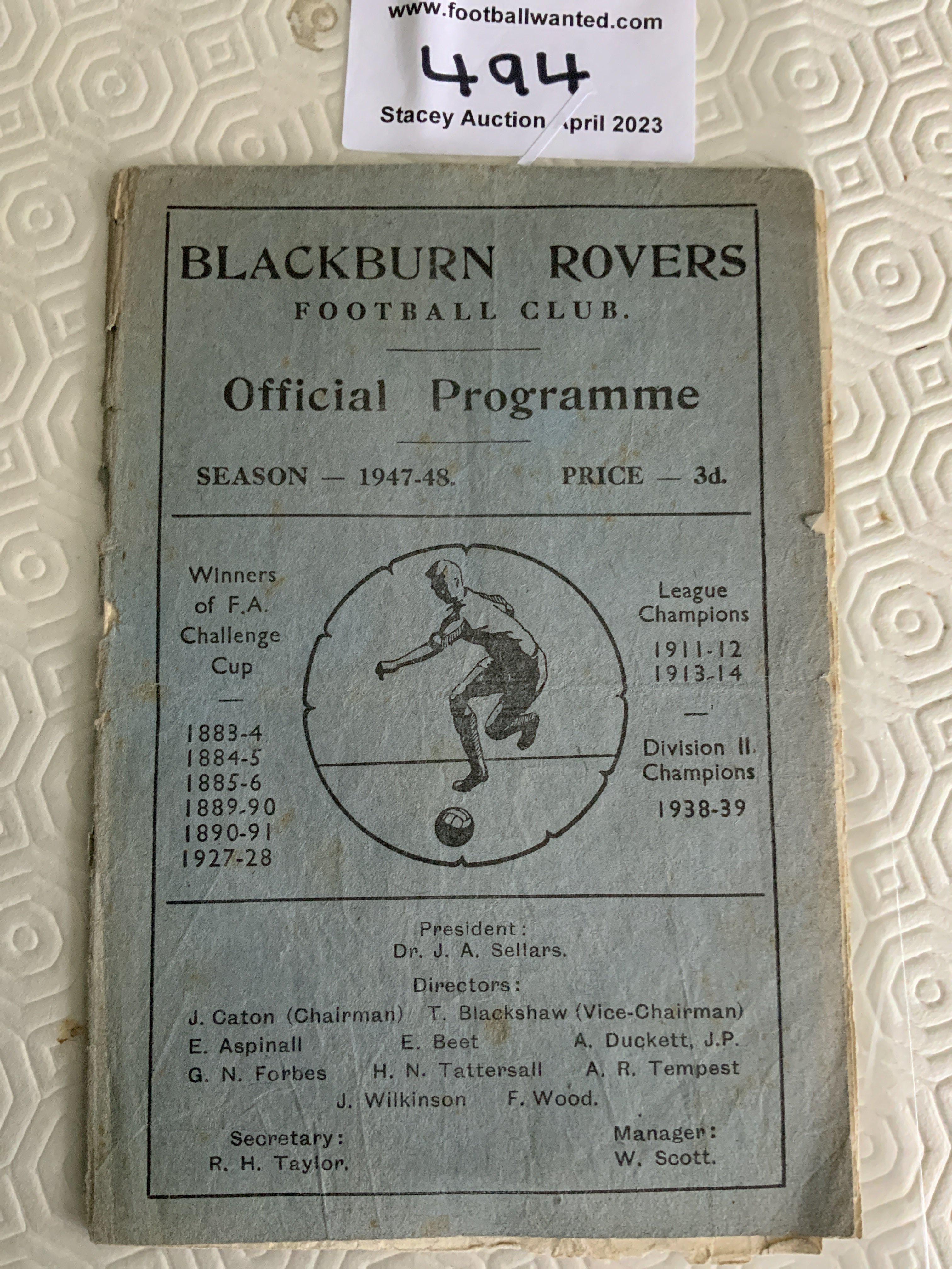 47/48 Blackburn Rovers v Chelsea Football Programme: Hardest to obtain post war Chelsea away programme in the league. Programme is a bit tatty especially to spine and has team changes. Staple removed not rotted away.