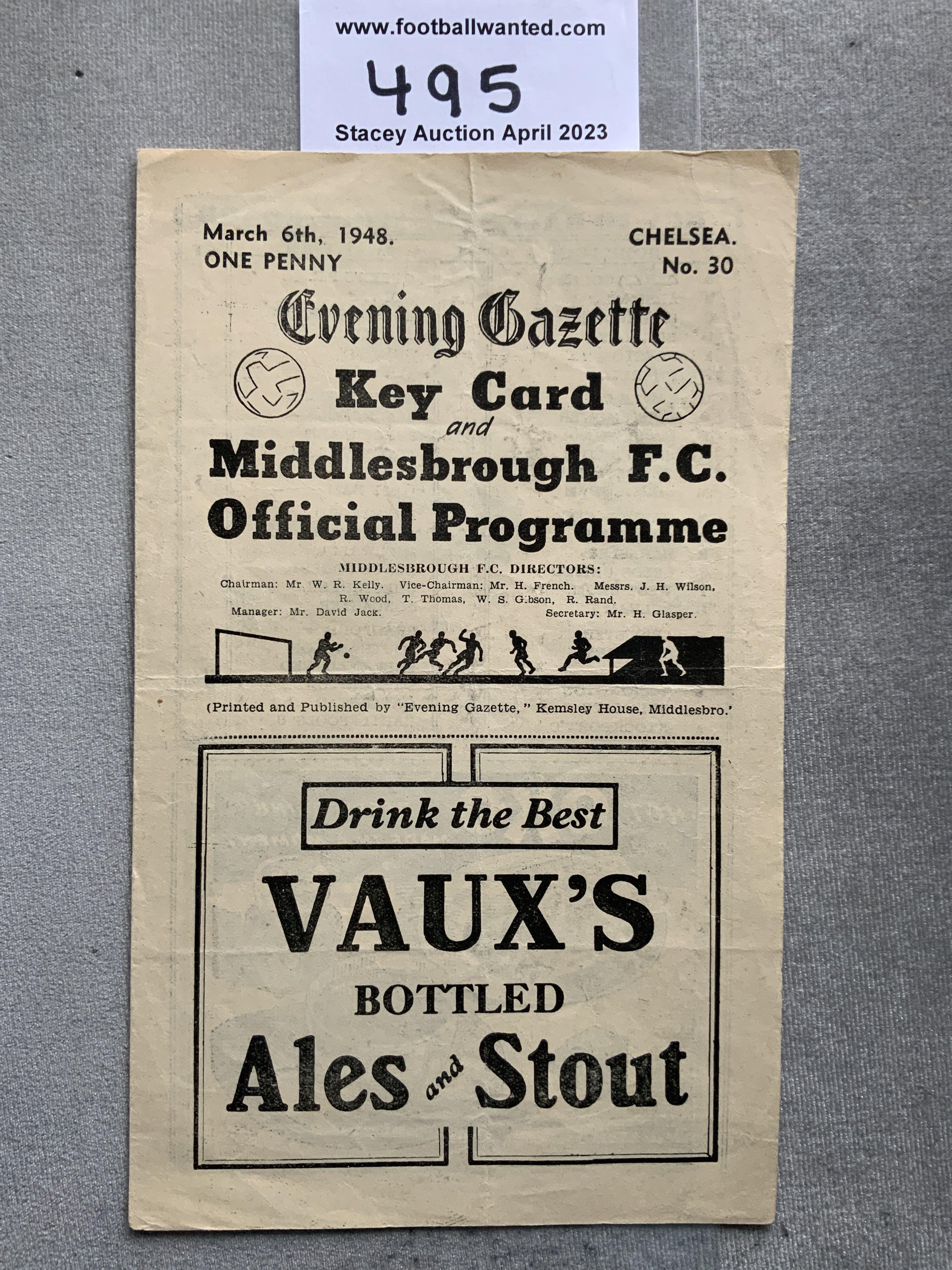 47/48 Middlesbrough v Chelsea Football Programme: Fair condition 4 pager with no team changes for league match. Light fold and tiny tape mark inside. C/W Chelsea away at Derby from the same season. (2)