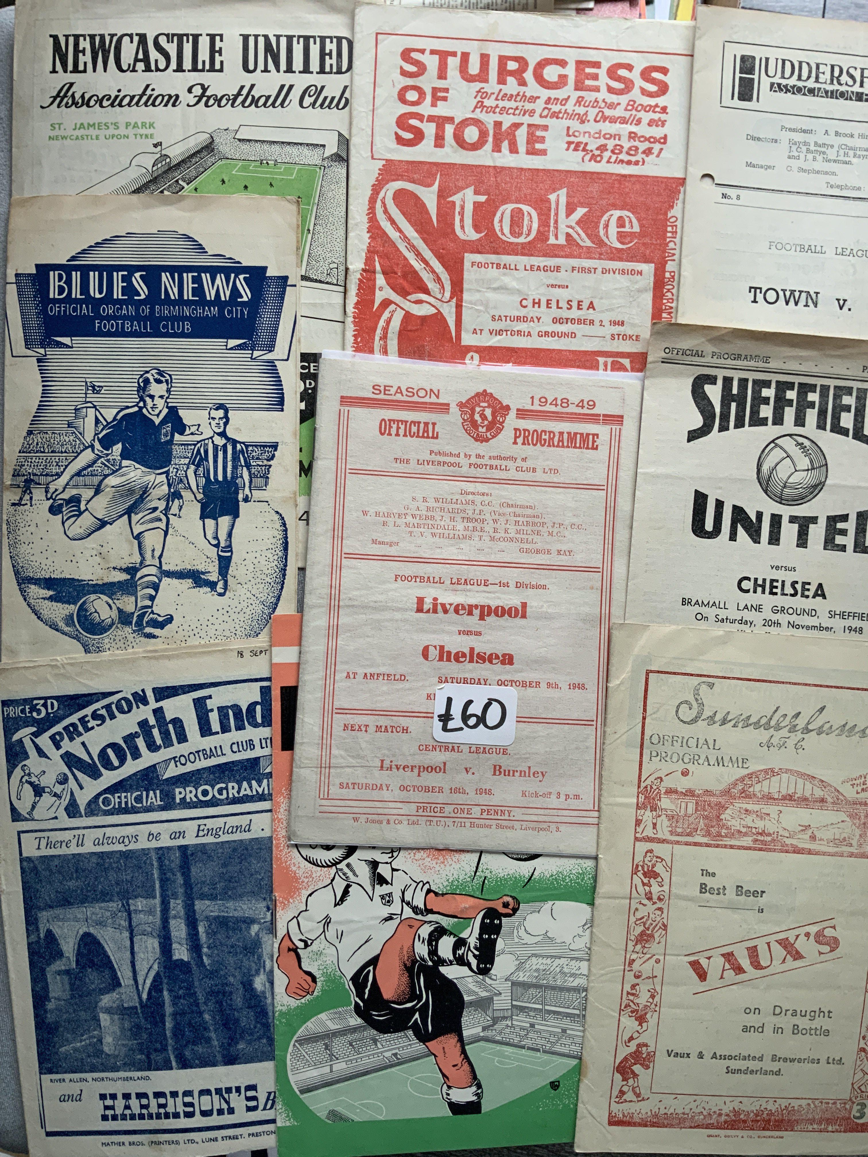 48/49 Chelsea Complete Away Football Programmes: All 21 League and both FA Cup matches. Some very hard to obtain present to include Middlesbrough, Blackpool, Bolton, Sunderland, Stoke + Manchester United. Mainly good with Huddersfield having punch holes. (23)