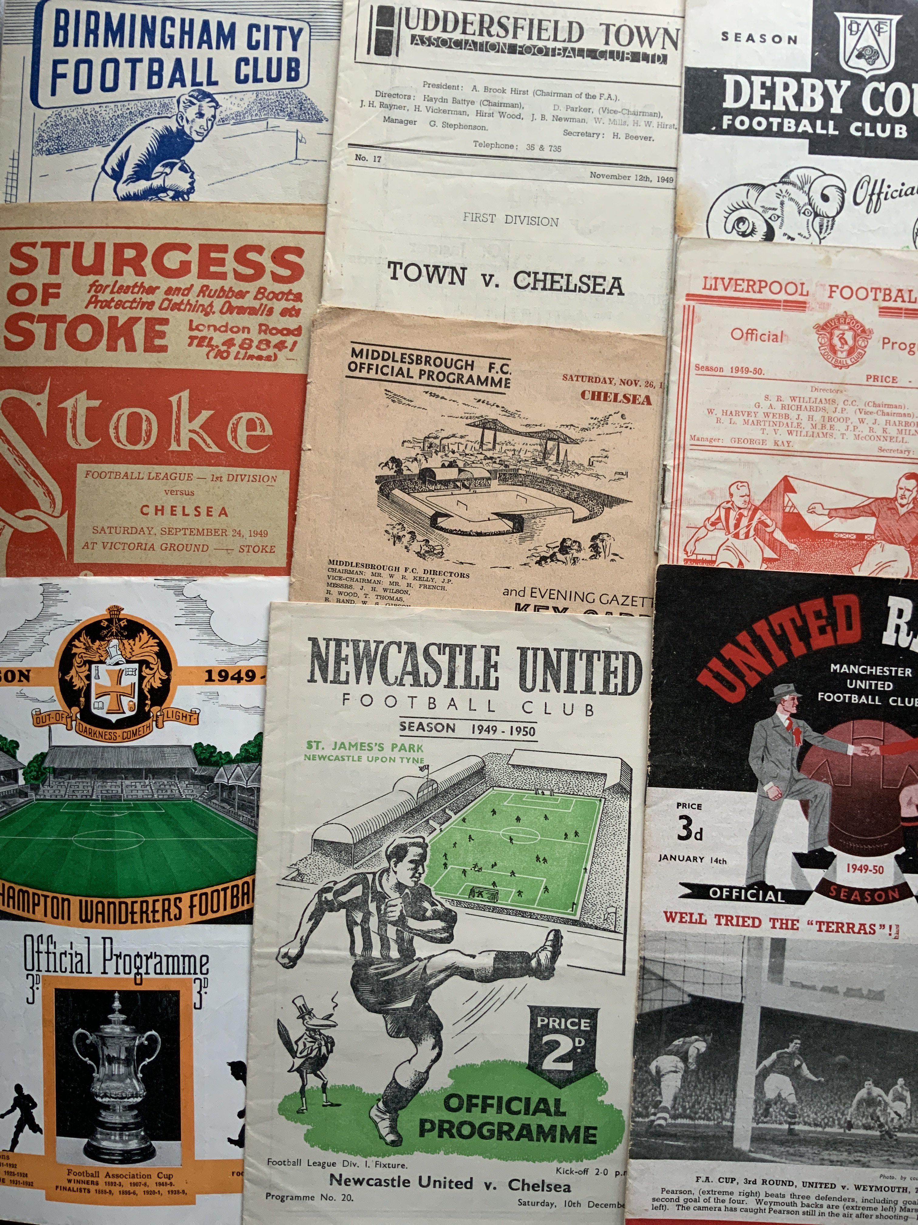 49/50 Chelsea Complete Away Football Programmes: All 21 League and 4 FA Cup matches including 2 semi finals. Some very hard to obtain present to include Middlesbrough, Blackpool, Bolton, Sunderland, Stoke + Manchester United. Mainly good. (25)