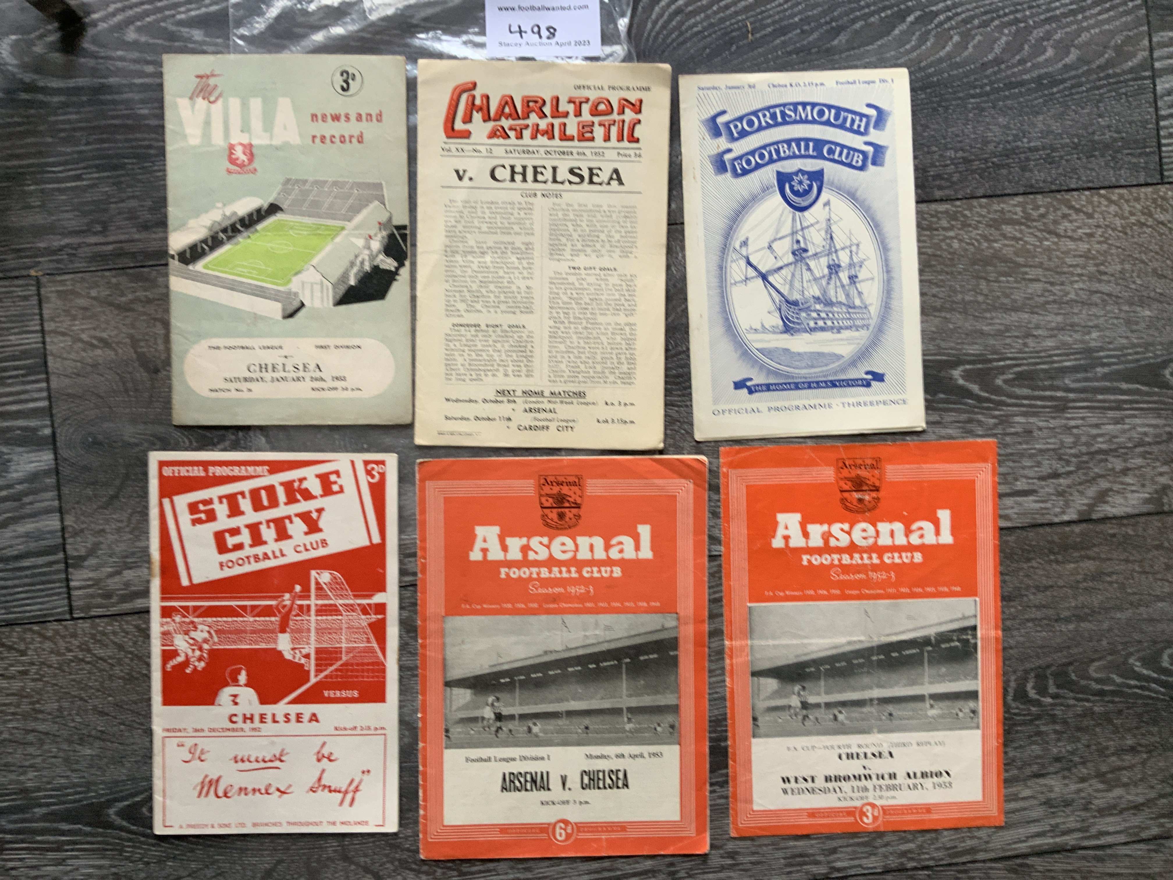 52/53 Chelsea Away Football Programmes: Includes hard to obtain Stoke plus Portsmouth, Aston Villa, Charlton, Arsenal + West Brom at Arsenal. Good. (6)